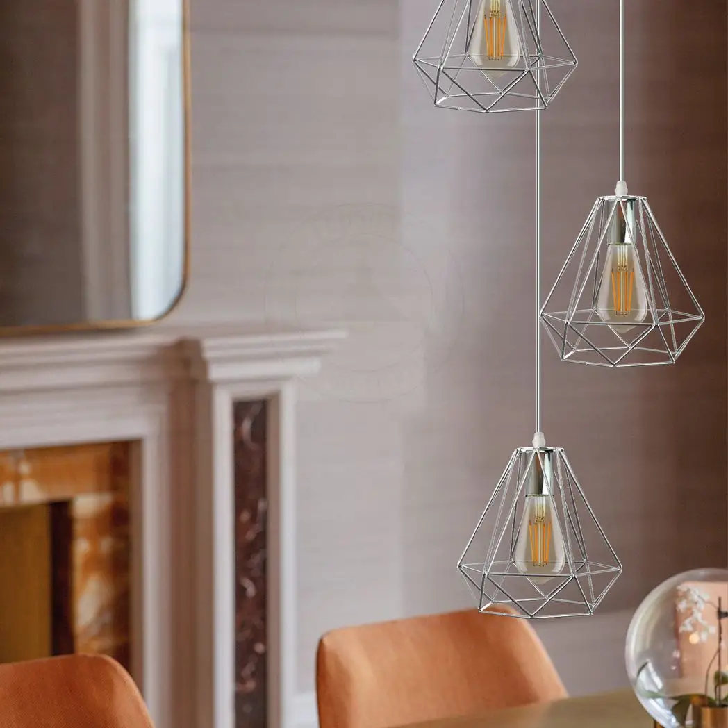 LEDSONE 3 Head Round Base Chrome Vintage Metal 20cm Diamond Wire Cage E27 Base Ceiling Pendant Light Fitting - Pendant Lights