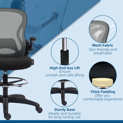 Vinsetto Draughtsman Chair Tall Office Chair w/ Adjustable Footrest, Dark Grey by Vinsetto