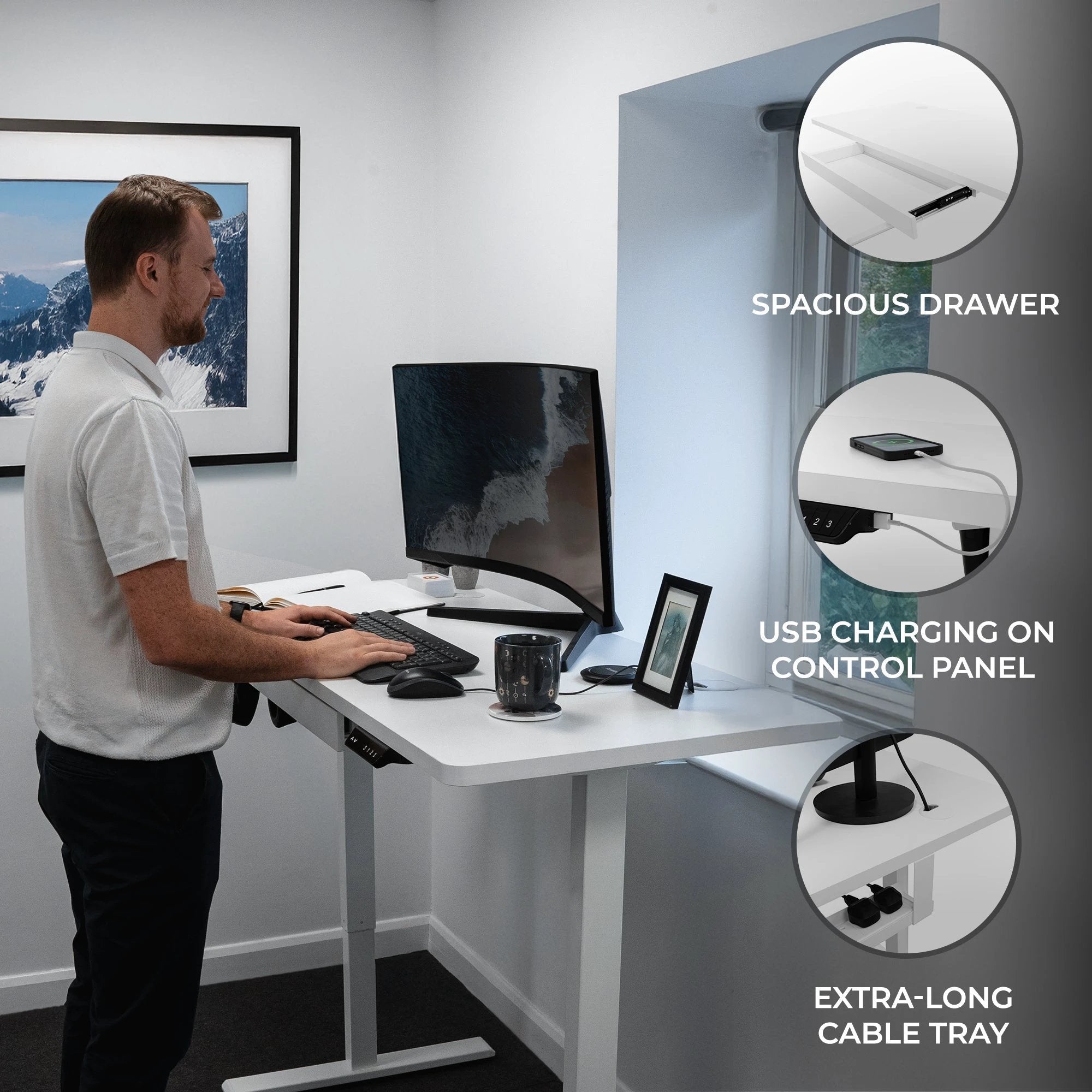 Electric Standing Desk With Drawer - 120cm x 60cm by Monster Shop