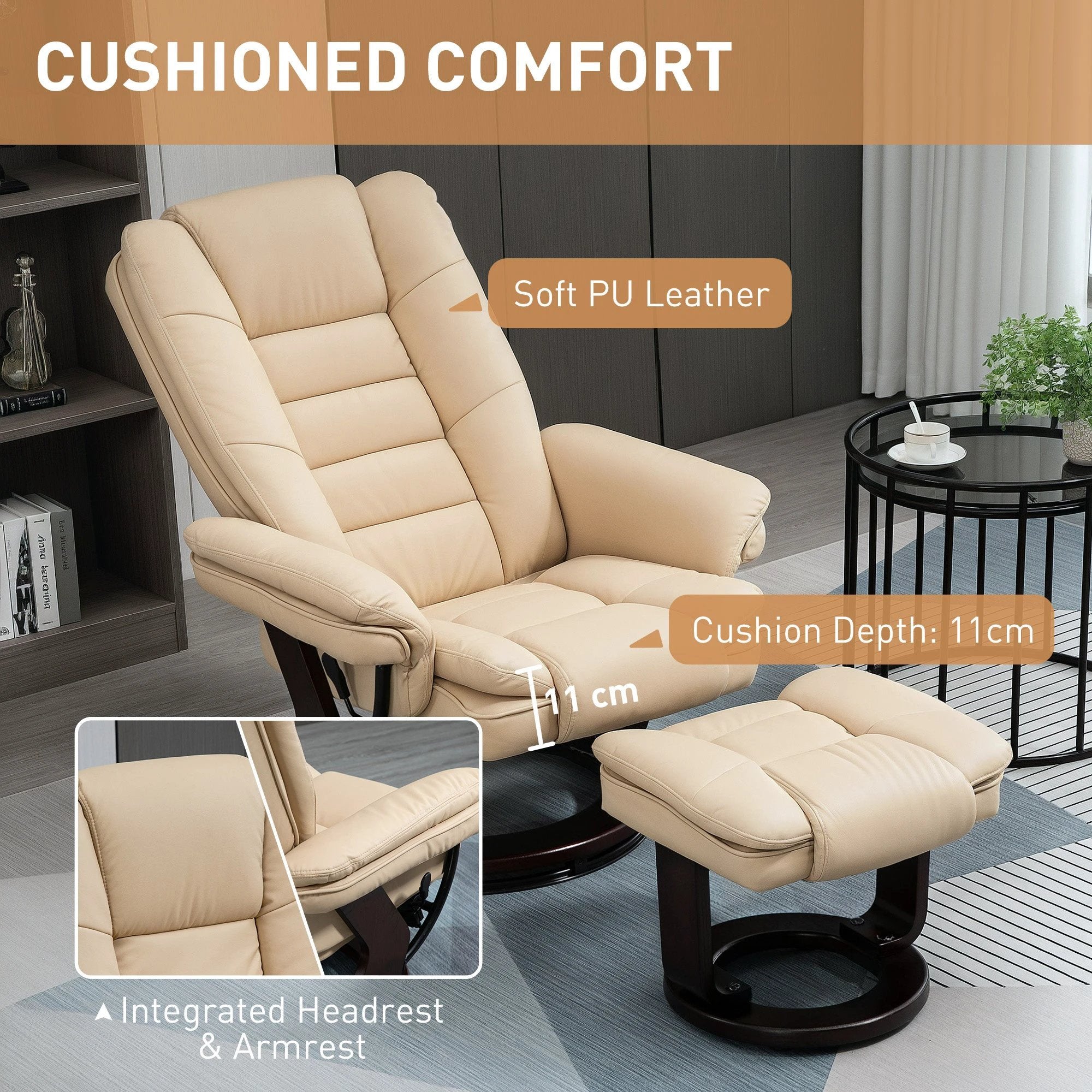 HOMCOM HOMCOM Swivel Manual Recliner and Footrest Set PU Leather Lounge Chair Beige - Recliner
