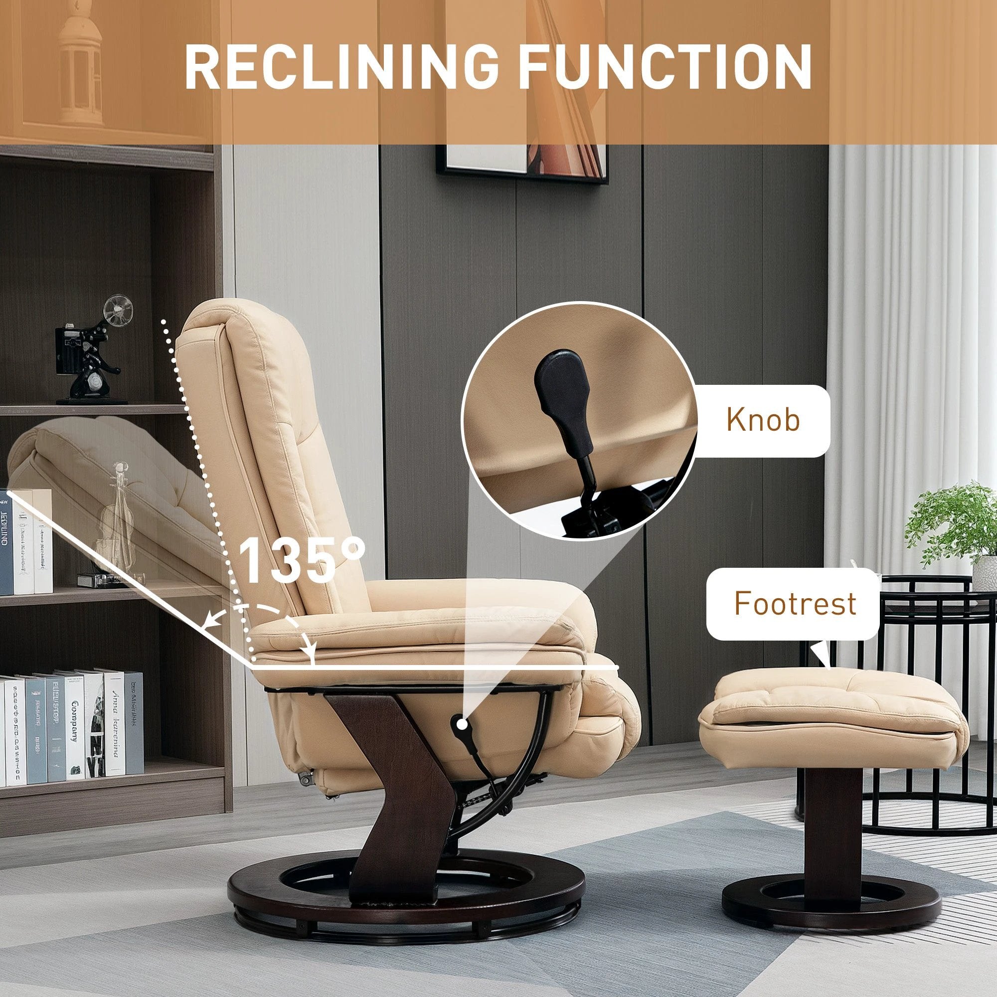 HOMCOM HOMCOM Swivel Manual Recliner and Footrest Set PU Leather Lounge Chair Beige - Recliner