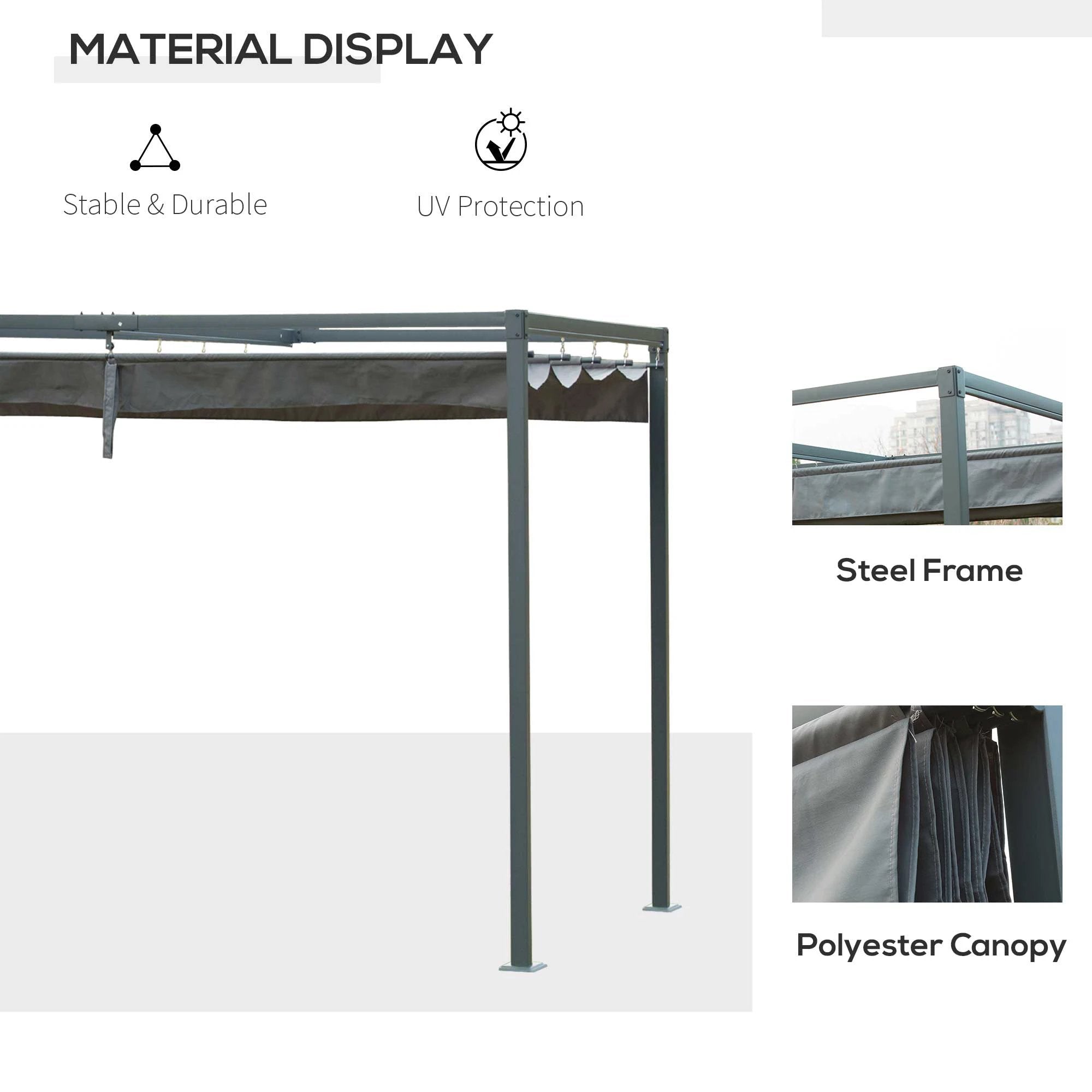 Outsunny Metal Pergola Gazebo Patio Sun Shelter Grape Tent Retractable Canopy Grey - Gazebos