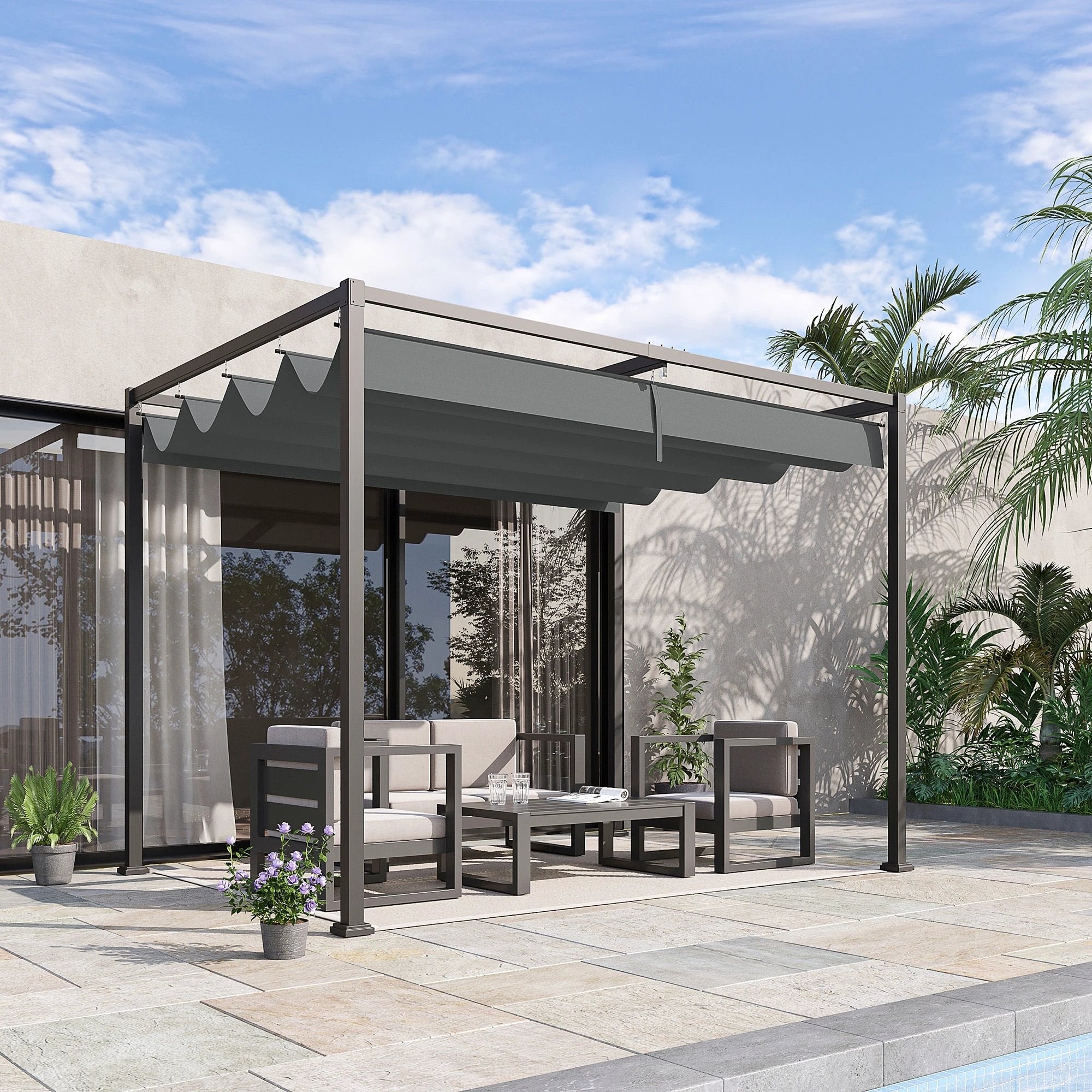Metal Pergola Gazebo Patio Sun Shelter Grape Tent Retractable Canopy Grey by Outsunny