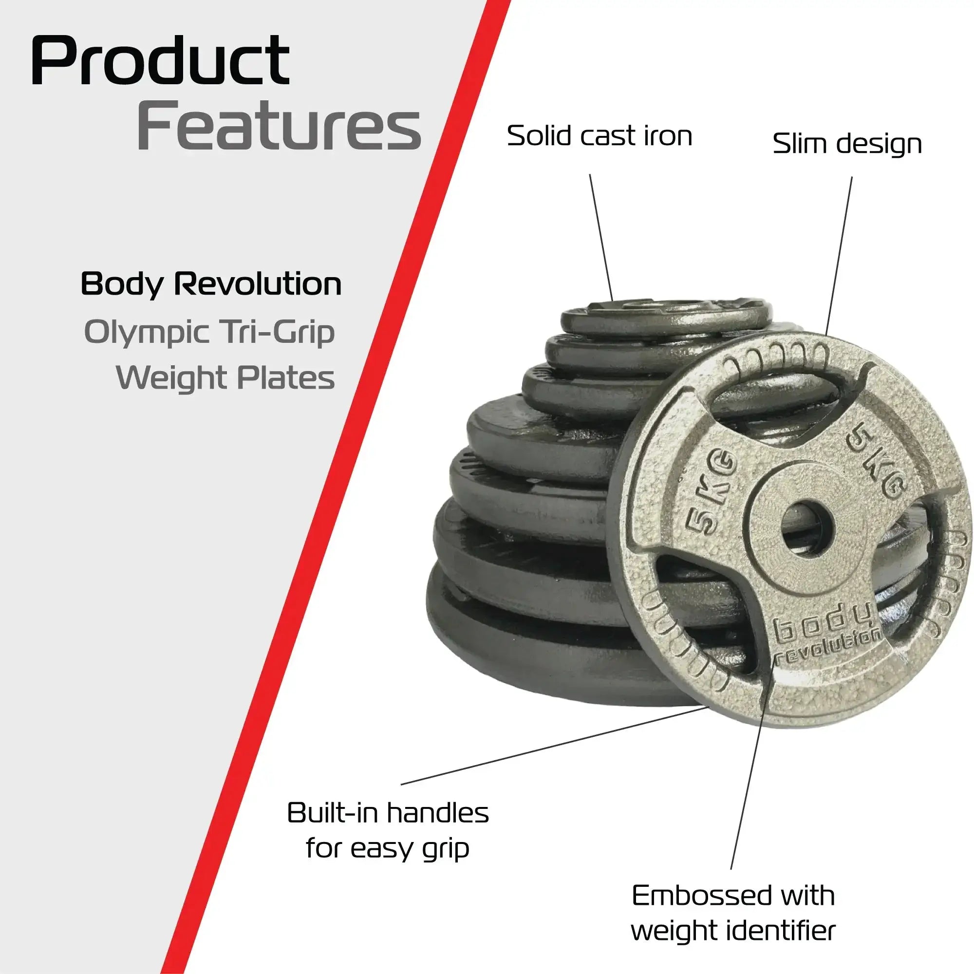 Monster Shop 2x 15kg Cast Iron Weight Plates - 1" Standard Tri Grip -