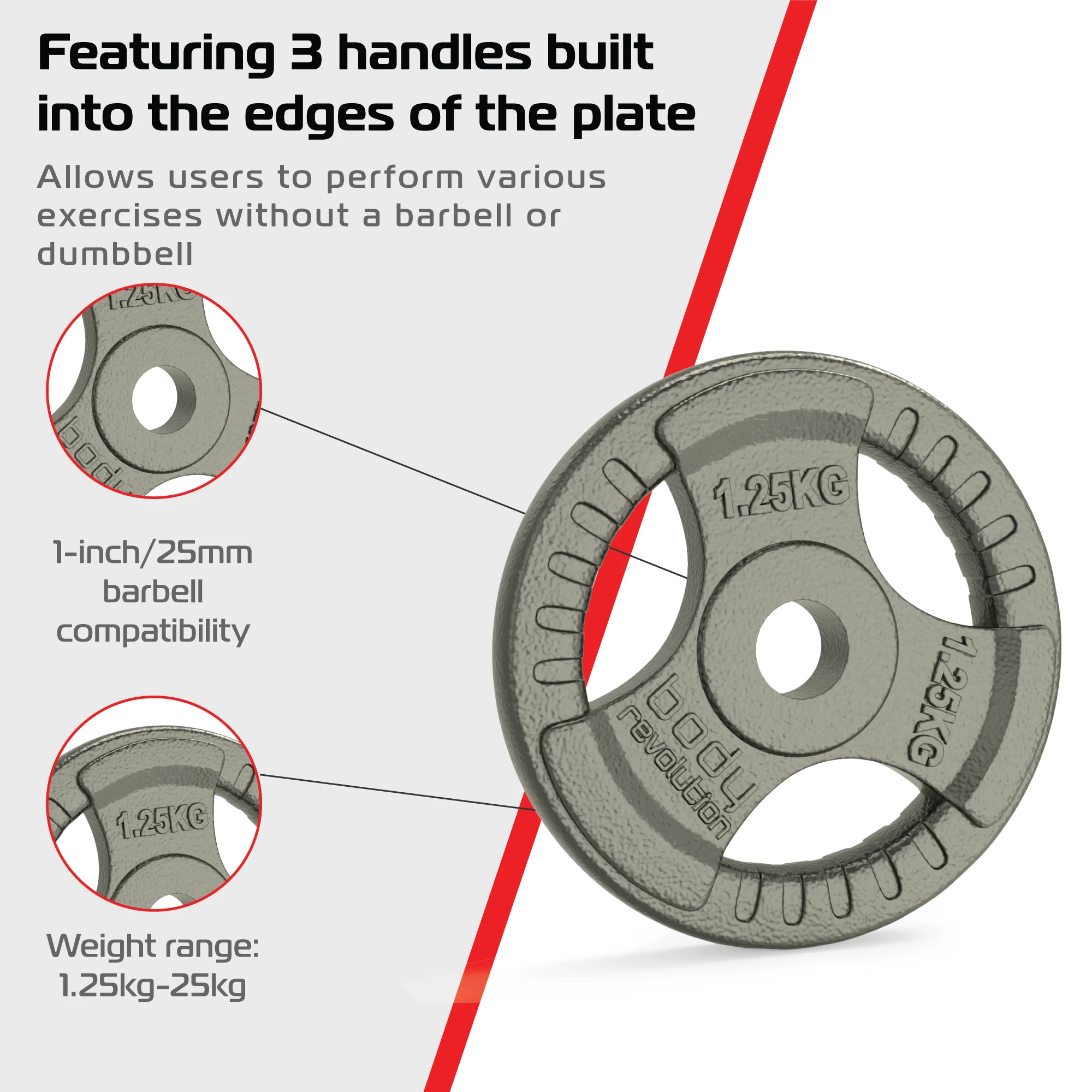 Monster Shop 2x 1.25kg Cast Iron Weight Plates - 1" Standard Tri Grip -