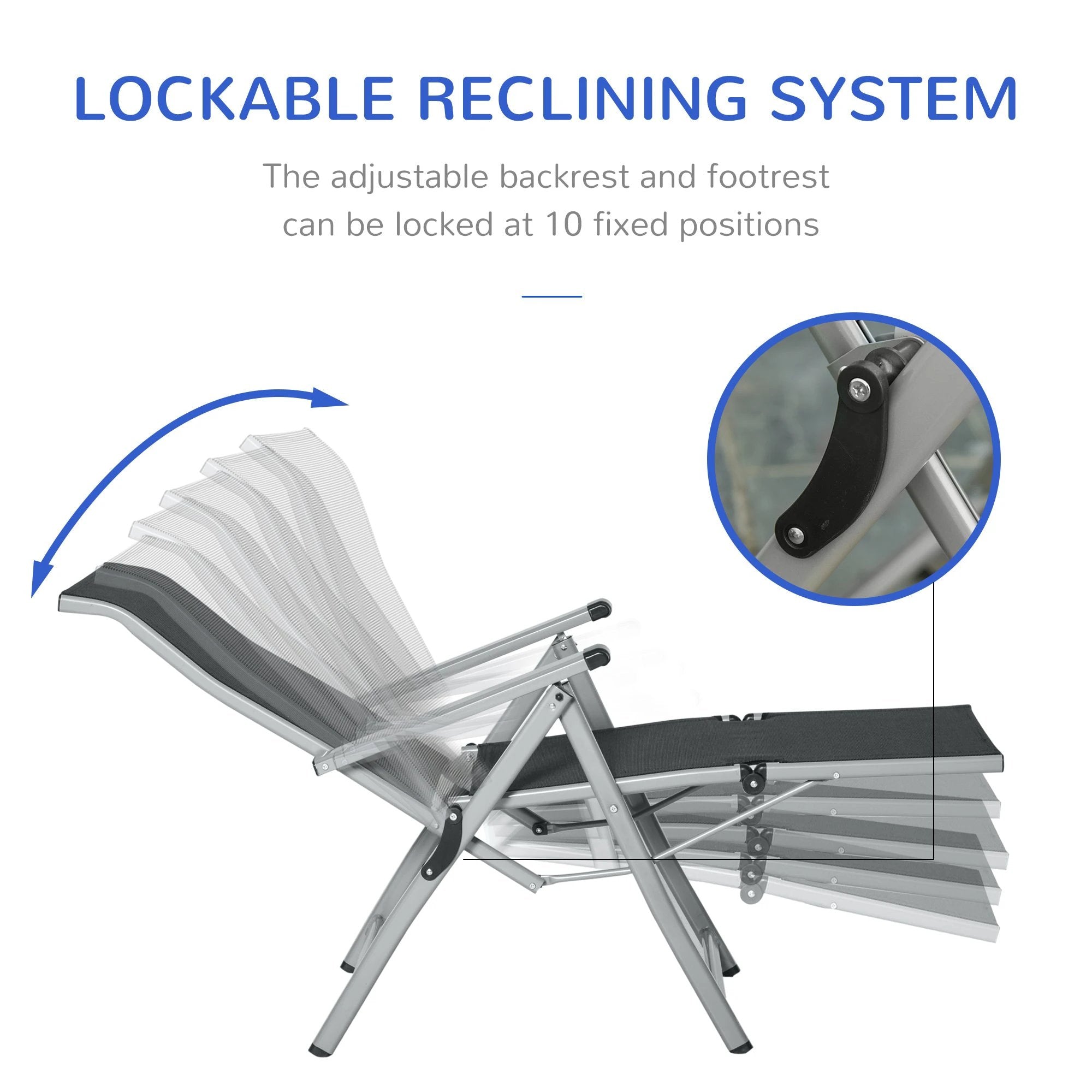 Outsunny Sun Lounger 10-Position Adjustable Folding Reclining Chairs with Footrest-Grey - Sun Lounger