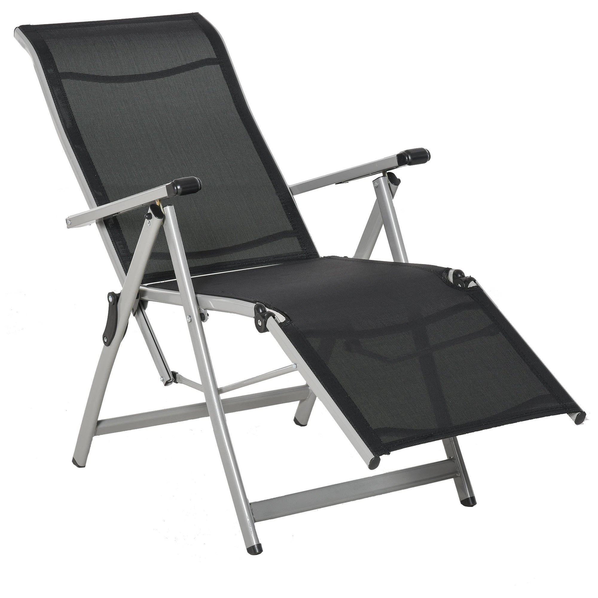 Outsunny Sun Lounger 10-Position Adjustable Folding Reclining Chairs with Footrest-Grey - Sun Lounger