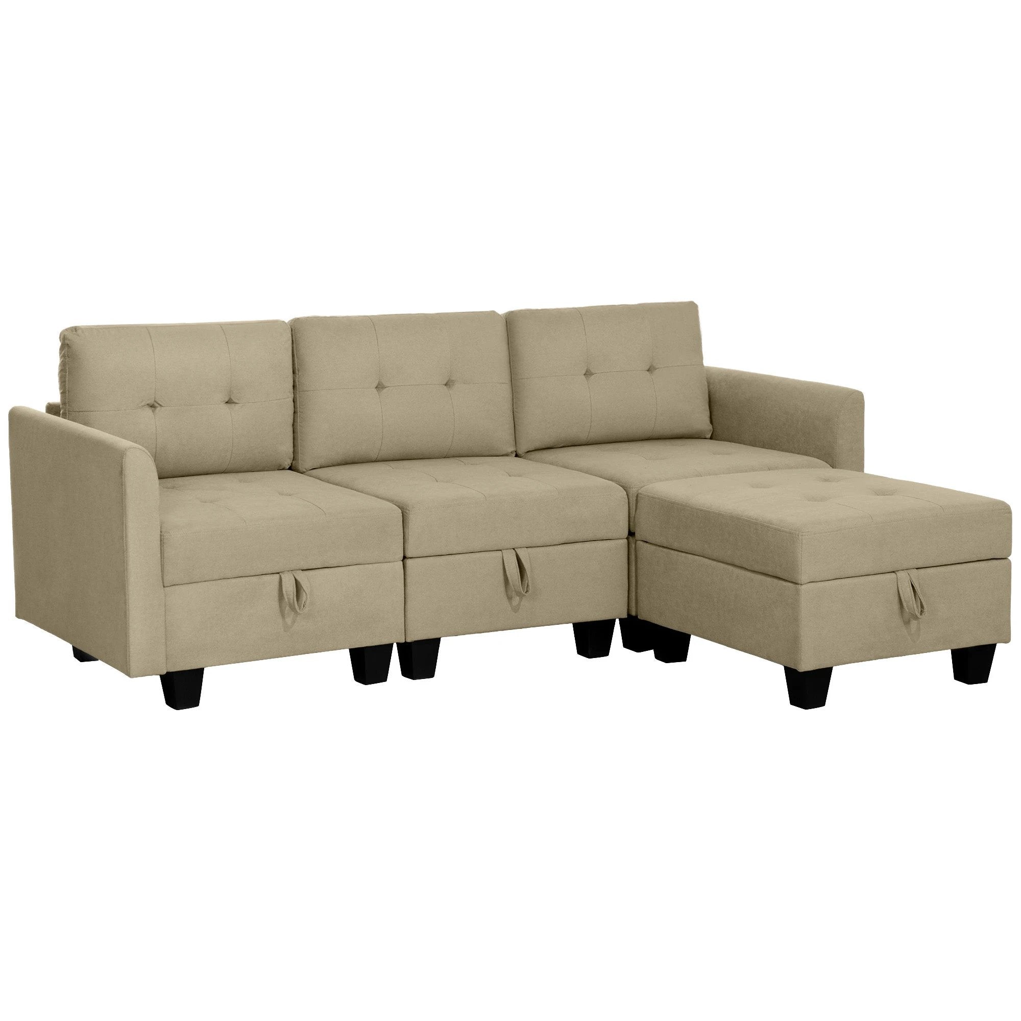 HOMCOM Convertible Modular Sectional Sofa w/ Storage Wood Frame Light Brown by HOMCOM