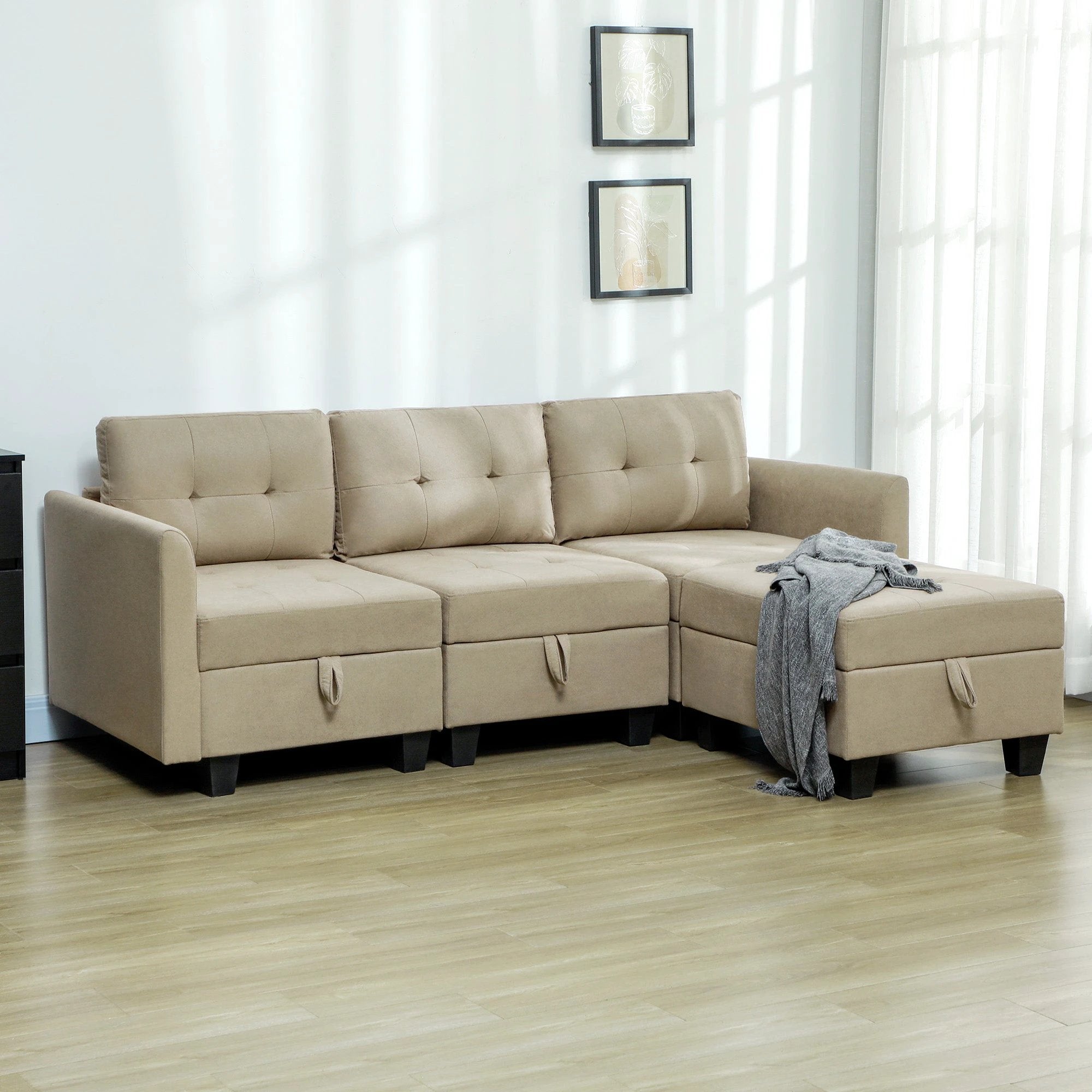 HOMCOM Convertible Modular Sectional Sofa w/ Storage Wood Frame Light Brown by HOMCOM