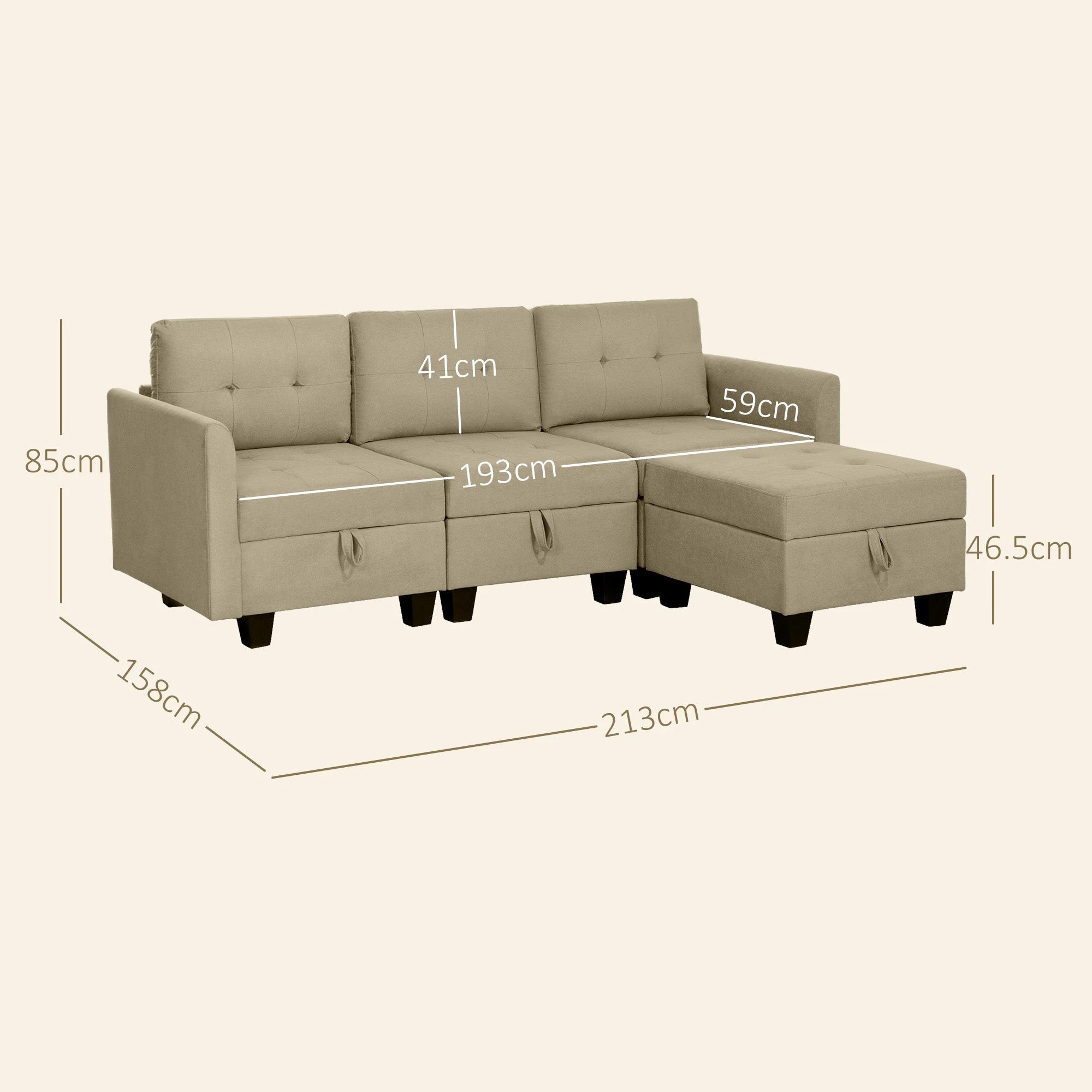 HOMCOM Convertible Modular Sectional Sofa w/ Storage Wood Frame Light Brown by HOMCOM