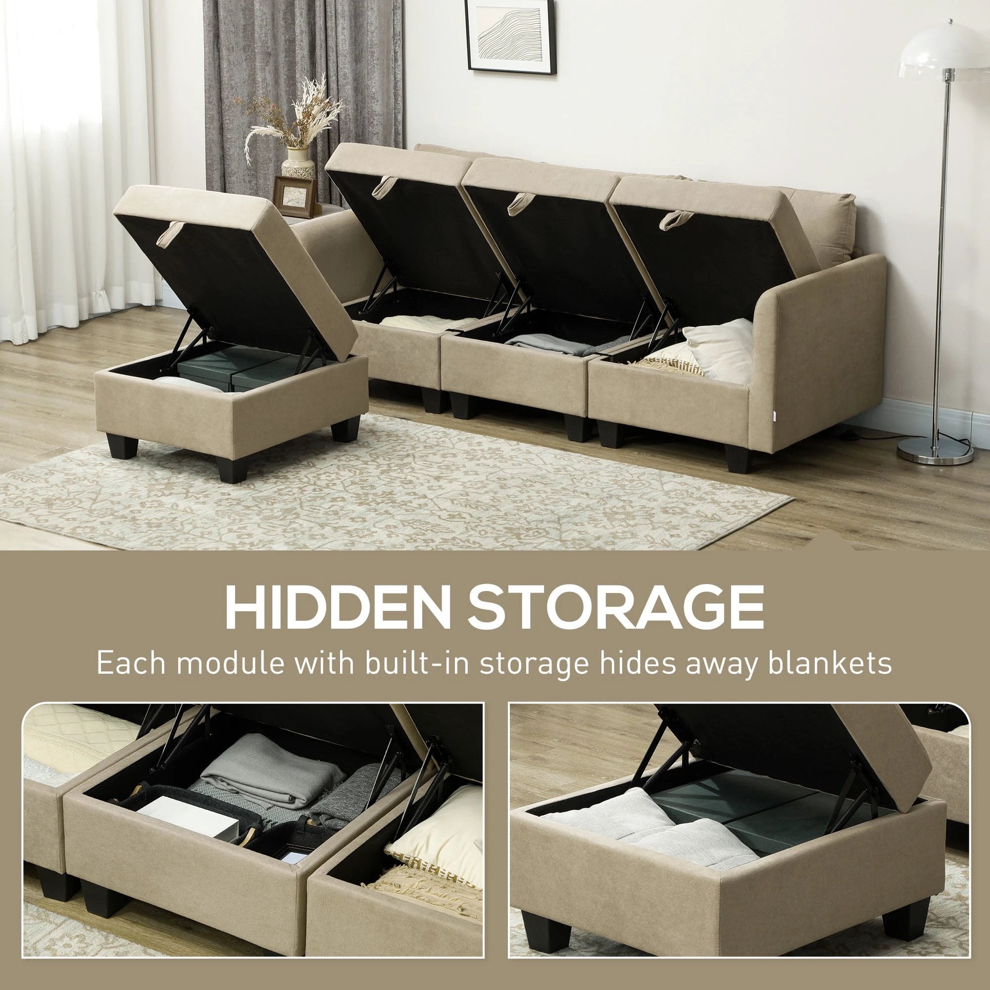 HOMCOM Convertible Modular Sectional Sofa w/ Storage Wood Frame Light Brown by HOMCOM