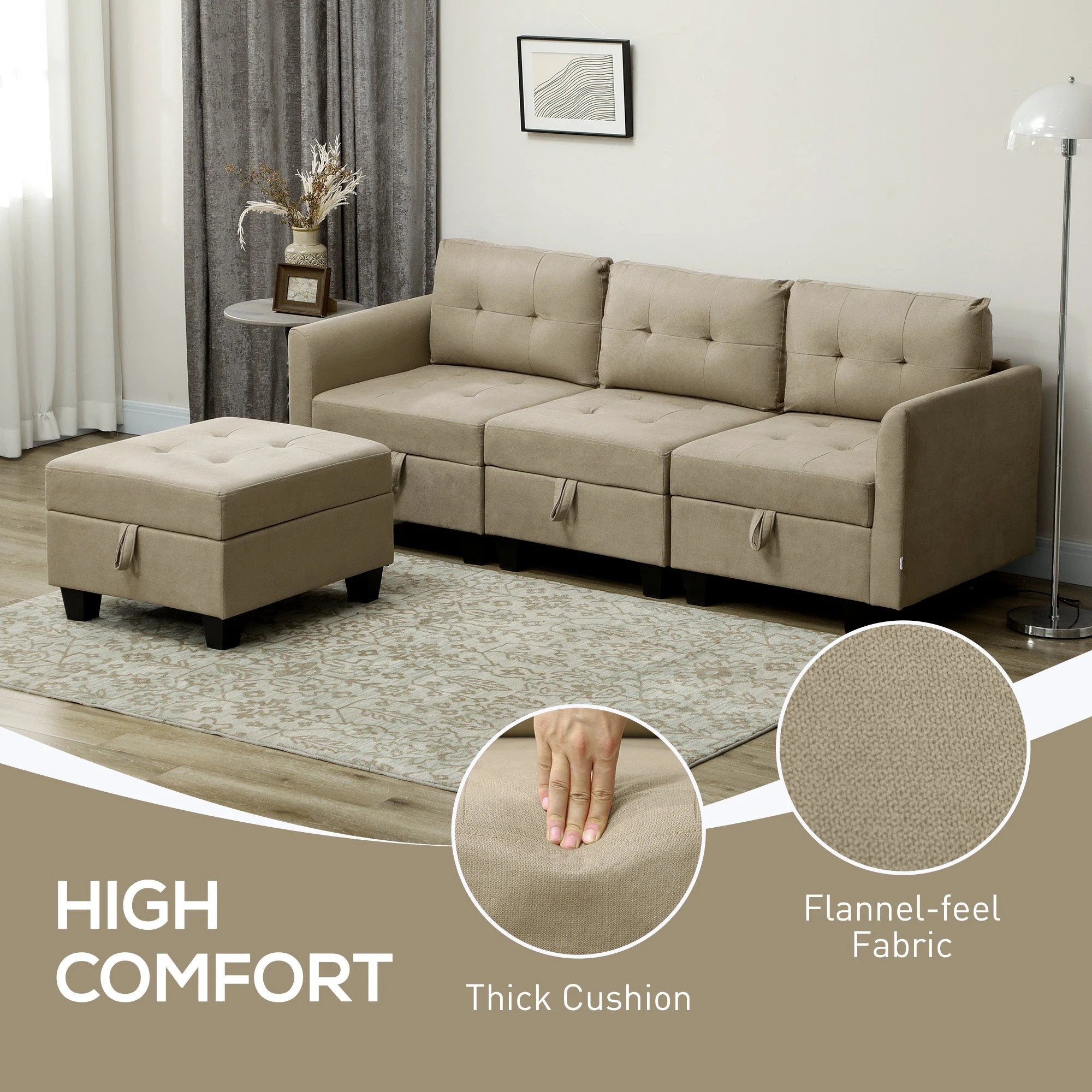 HOMCOM Convertible Modular Sectional Sofa w/ Storage Wood Frame Light Brown by HOMCOM