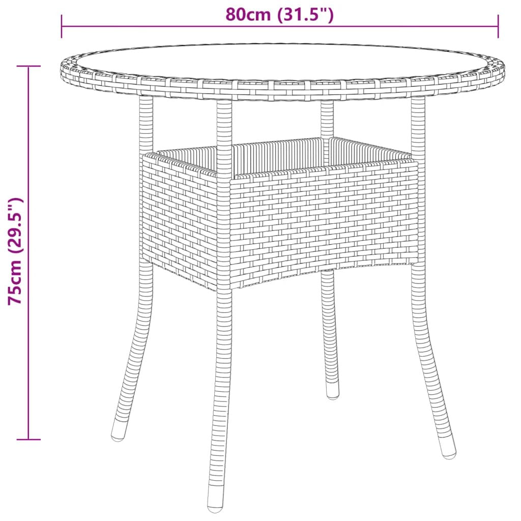 vidaXL Garden Table Ø80x75 cm Tempered Glass and Poly Rattan Black by vidaXL