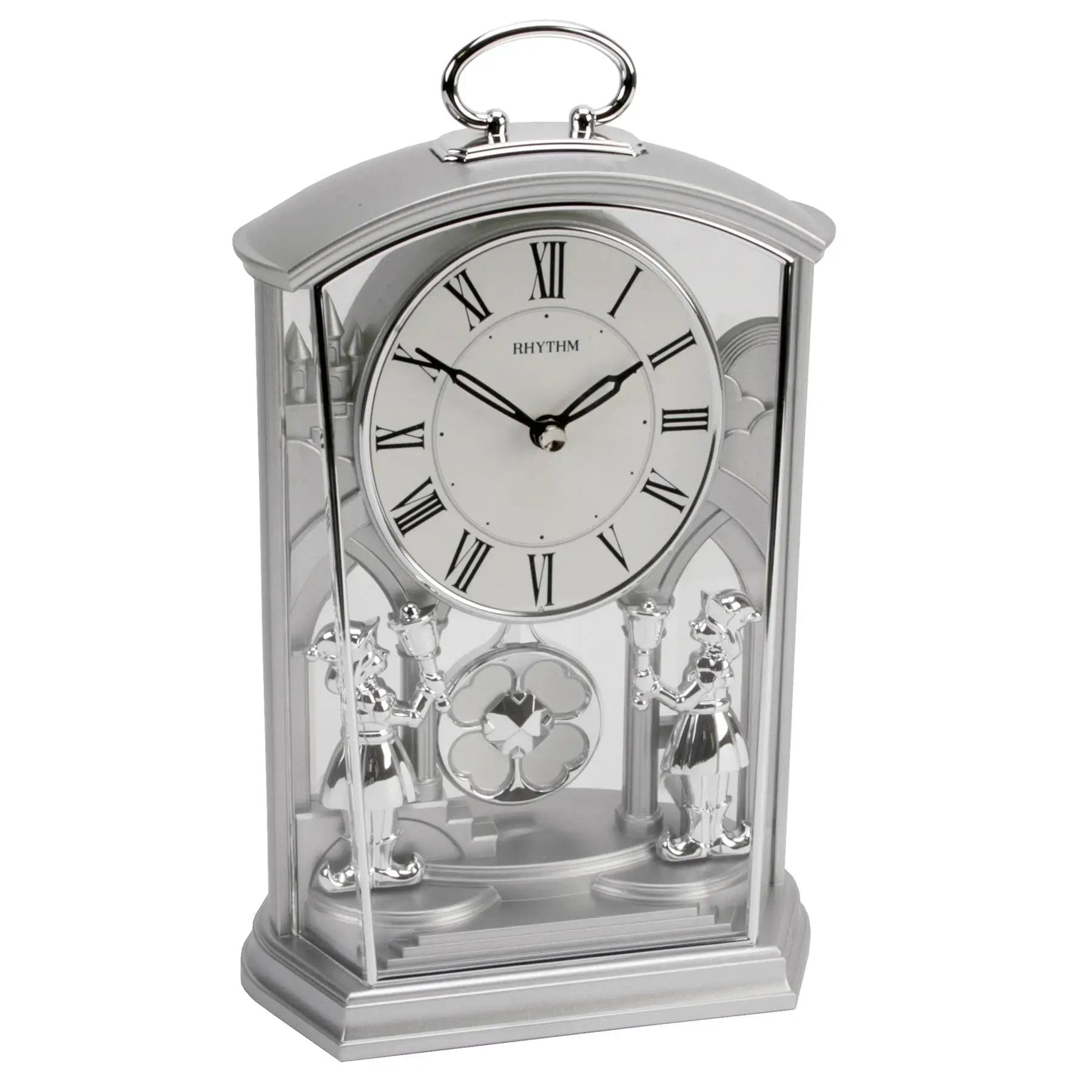 WIDDOP Rhythm Silver Swinging Pendulum and 2 Sweet Little Footmen with Handle Mantel Clock - Clock