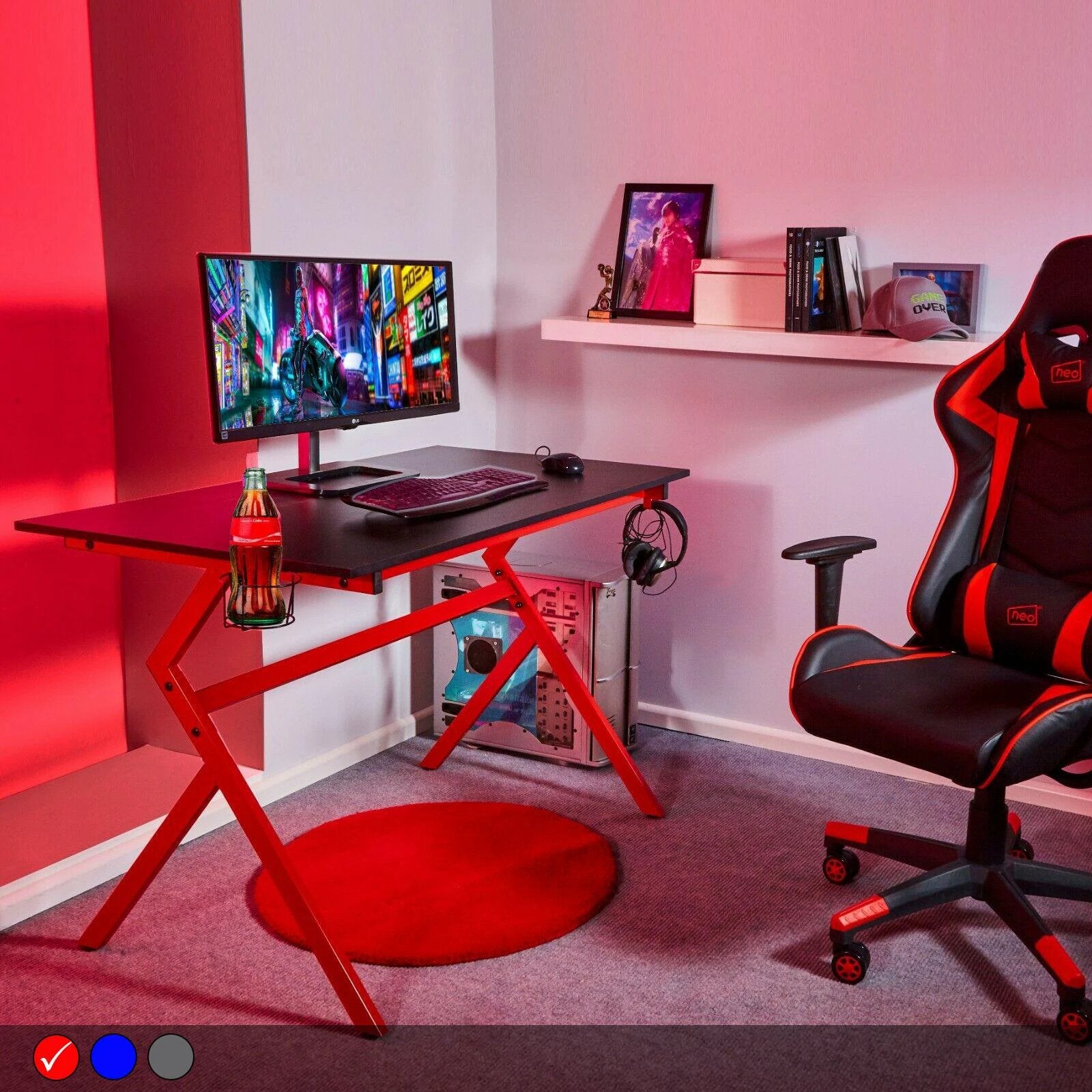 Unbranded Neo Ergonomic Gaming Desk 120x60cm With Headphone Hook Cup Holder And Cable Management For Gamers - Desk