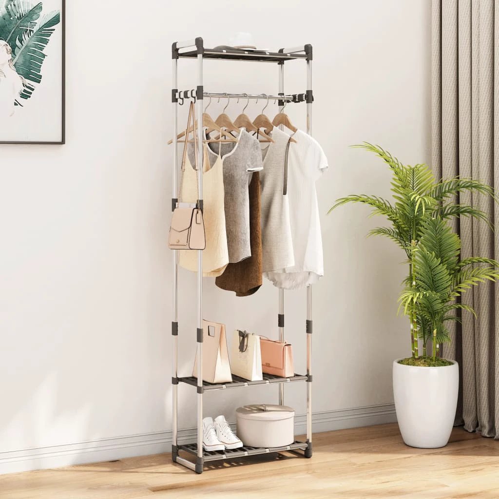 vidaXL Premium Aluminium 3 Tier Clothes Rack 59x29x192 Cm With Hanging Rail And 3 Shelves For Home Use - Wardrobe