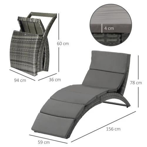 Outsunny Garden Patio Rattan Wicker Folding Sun Lounger Cushion Grey - Sun Lounger