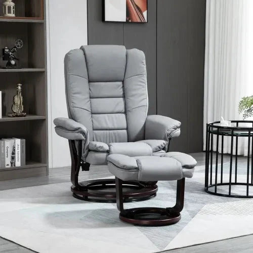 Swivel Manual Recliner and Footrest Set PU Lounge Chair Wood Base, Grey by Unbranded