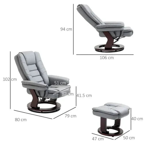 Swivel Manual Recliner and Footrest Set PU Lounge Chair Wood Base, Grey by Unbranded