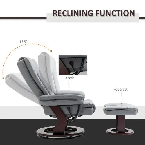 Swivel Manual Recliner and Footrest Set PU Lounge Chair Wood Base, Grey by Unbranded
