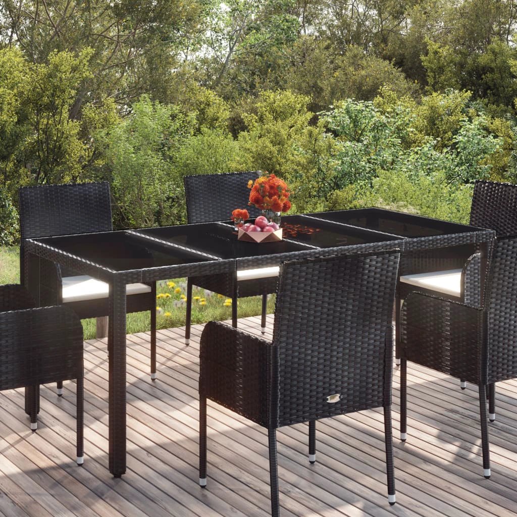 vidaXL Garden Table with Glass Top Black 150x90x75 cm Poly Rattan by vidaXL
