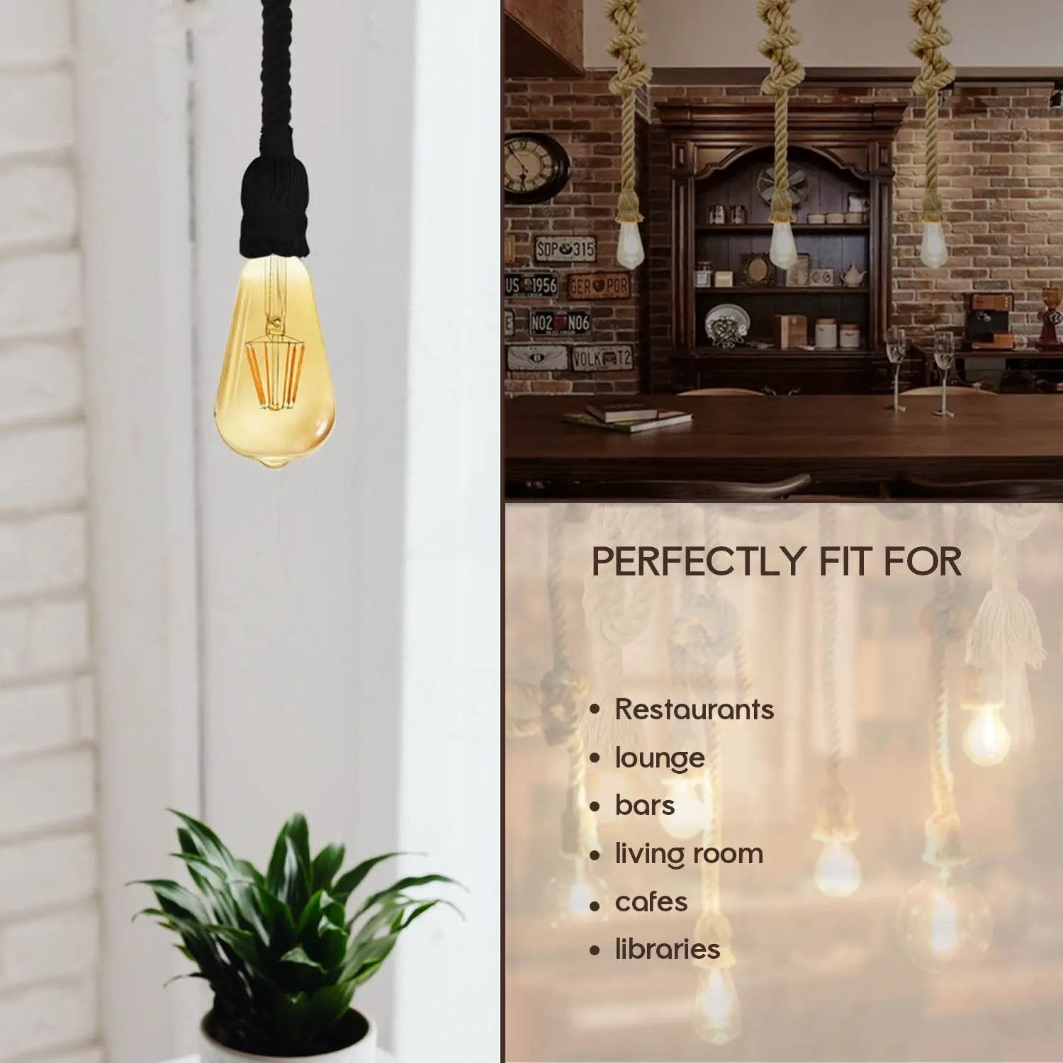 LEDSONE Vintage Ceiling Pendant Light 1m Lamp Hemp Rope Hanging Lamp Lights Metal E27 - Pendant Lights