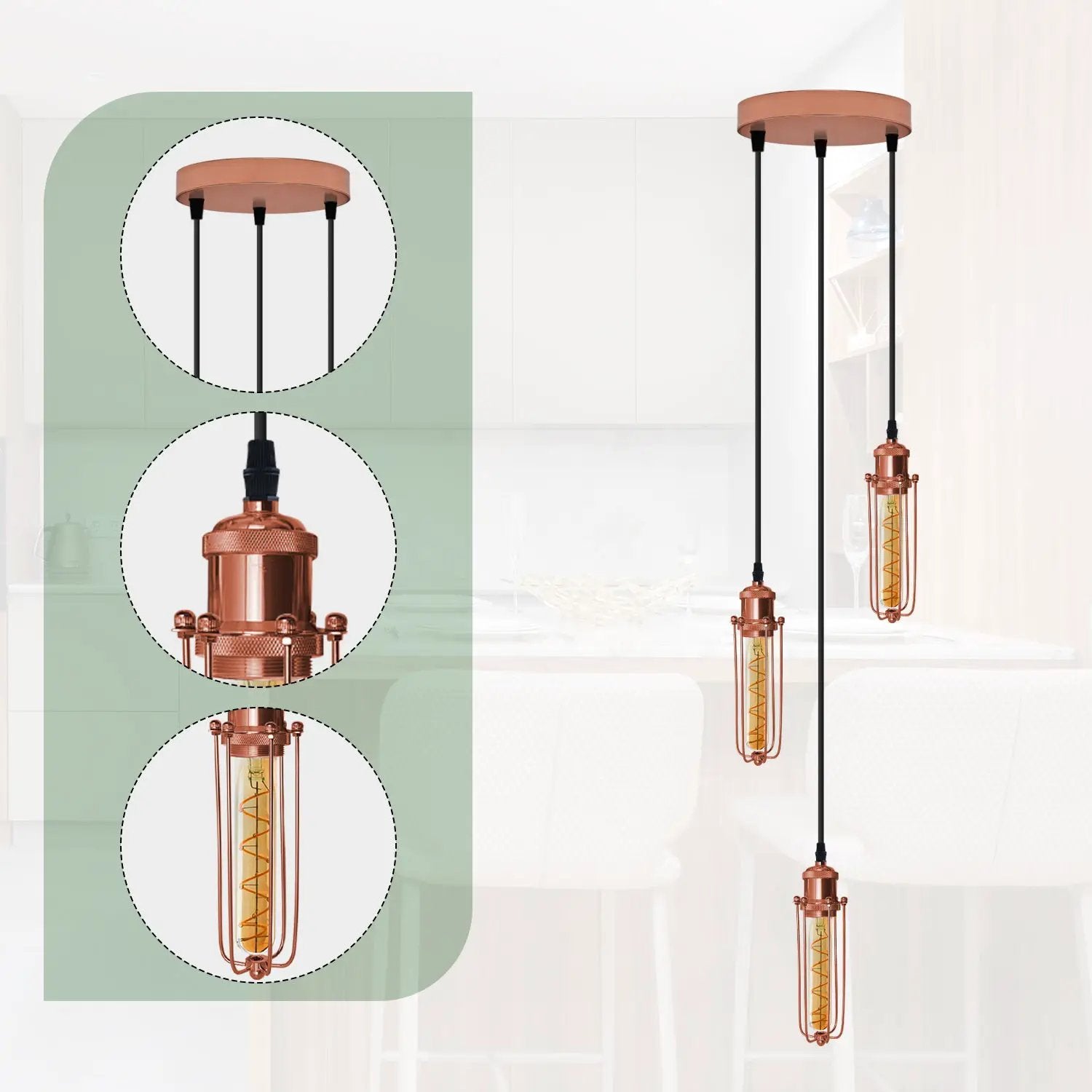LEDSONE 3 Head Round Base Rose Gold Ceiling E27 Pendant Light with Wire Cage - Pendant Lights