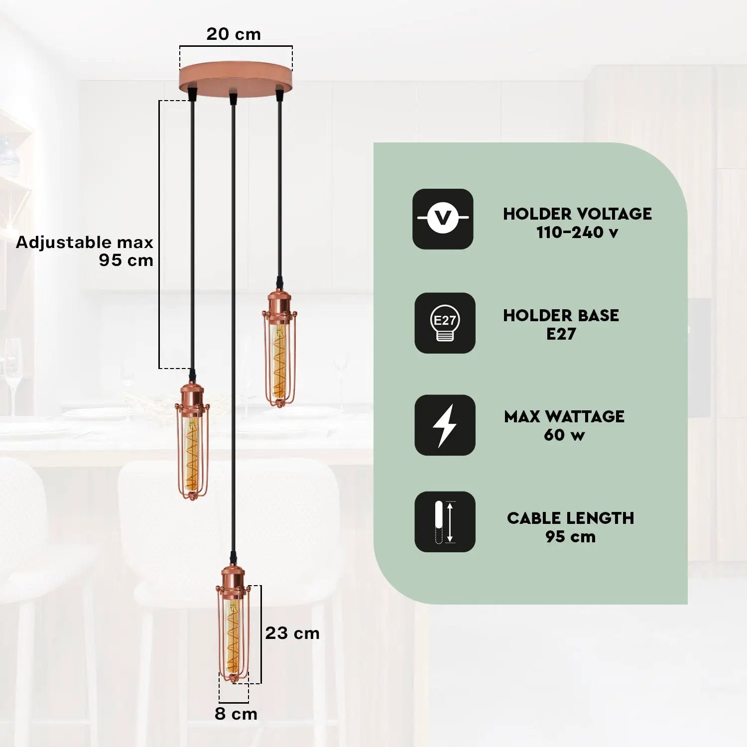 LEDSONE 3 Head Round Base Rose Gold Ceiling E27 Pendant Light with Wire Cage - Pendant Lights