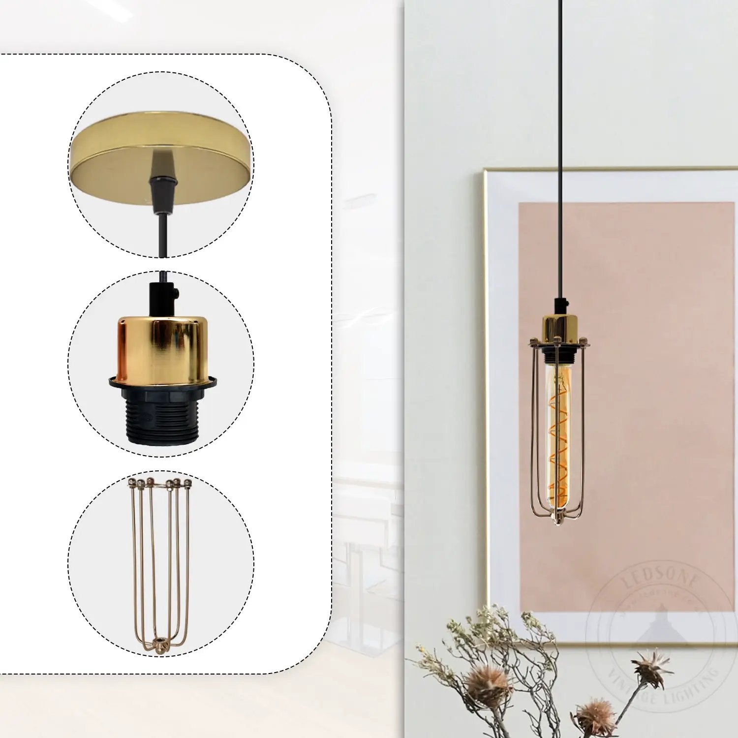LEDSONE Single Ceiling E27 Pendant Light with Wire Cage - Industrial Vintage Hanging Lamp - Pendant Lights