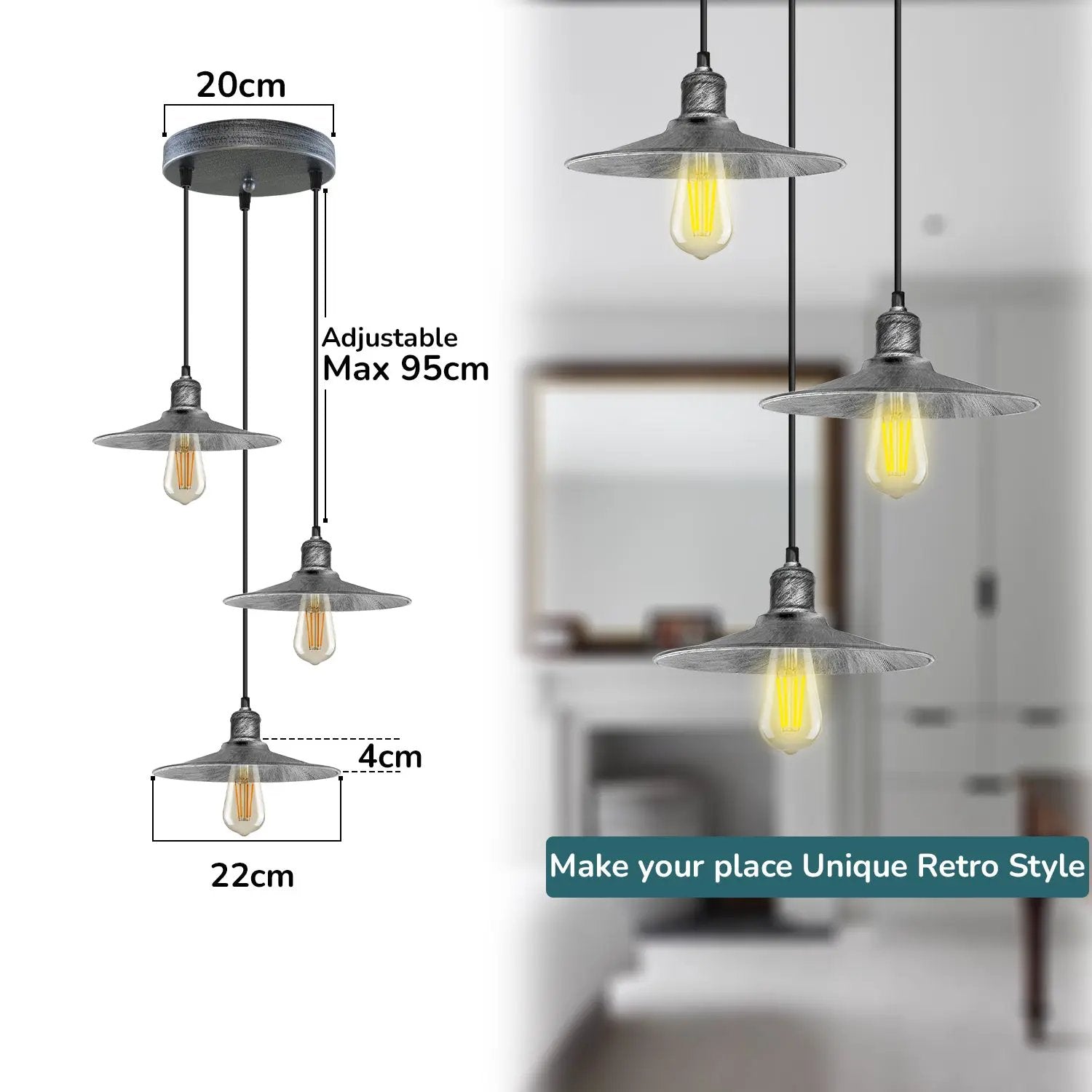 LEDSONE 3 Head Round Base Vintage Ceiling Pendant Light Shade Hanging Lamp Light - Pendant Lights