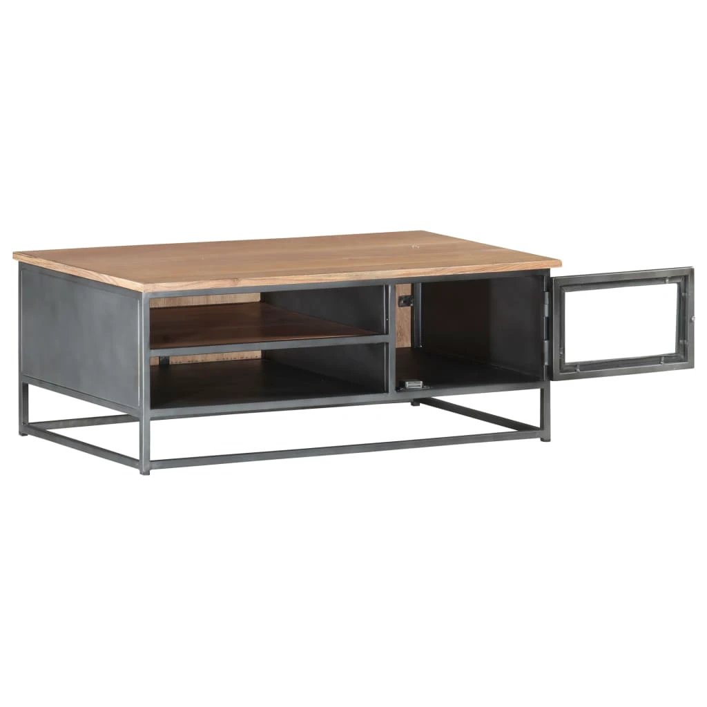 VidaXL Grey Coffee Table 90x50x35 Cm Solid Acacia Wood With Sturdy Metal Frame For Living Room by vidaXL