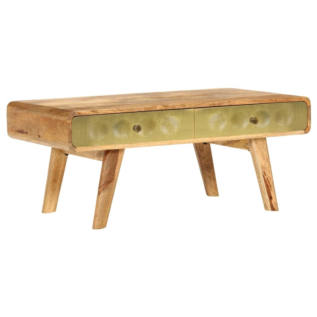vidaXL Quality Mango Wood Coffee Table 90x50x40 Cm with Gold Front Drawers for Retro Living Room - Coffee Table