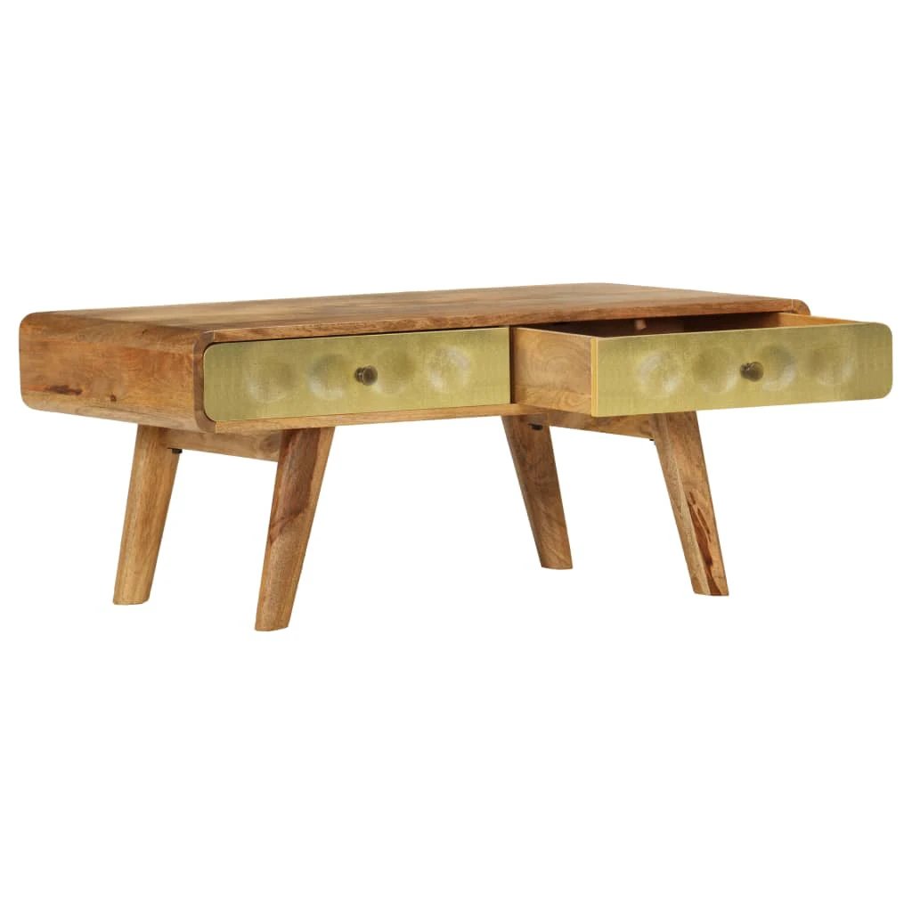 Quality Mango Wood Coffee Table 90x50x40 Cm with Gold Front Drawers for Retro Living Room by vidaXL