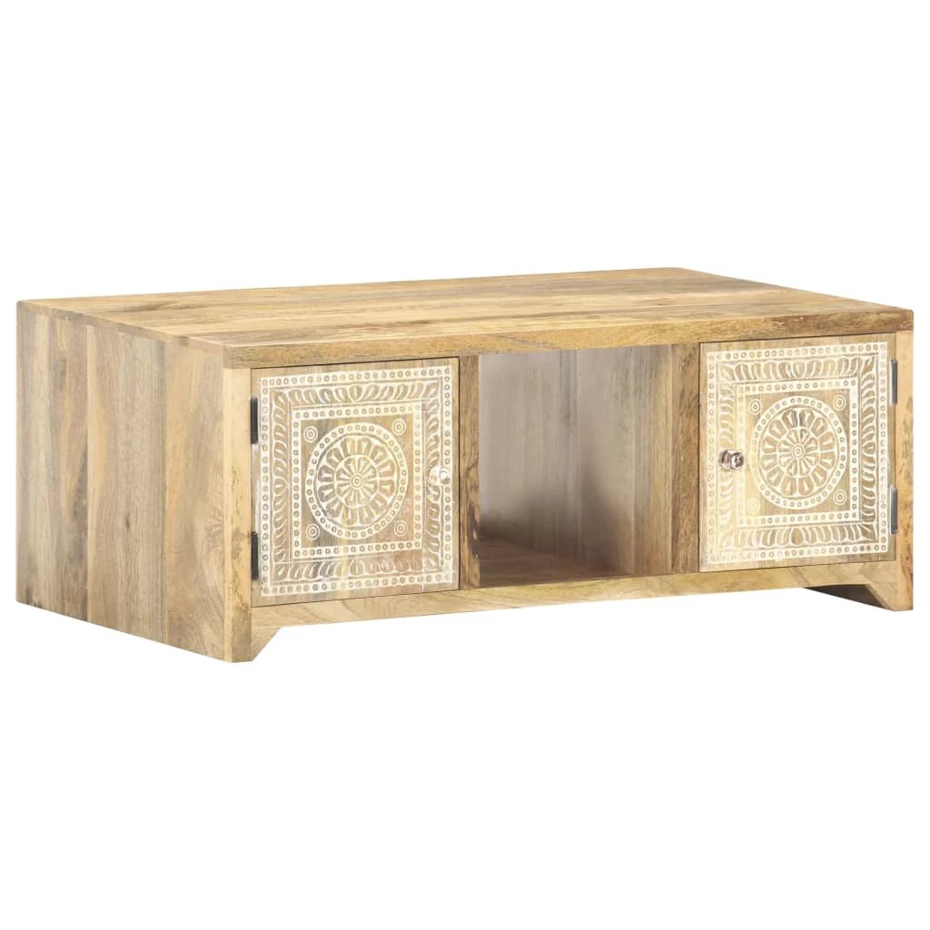 vidaXL VidaXL Coffee Table 90x50x35 cm Solid Mango Wood With Carved Panel Doors For Rustic Living Room - Coffee Table
