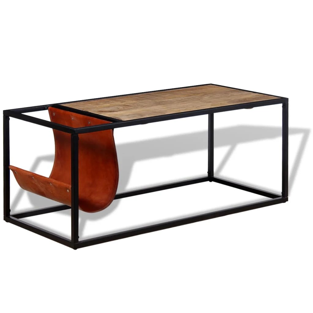 vidaXL VidaXL Coffee Table 110x50x45 cm With Genuine Leather Magazine Holder Industrial Living Room Decor - Coffee Table