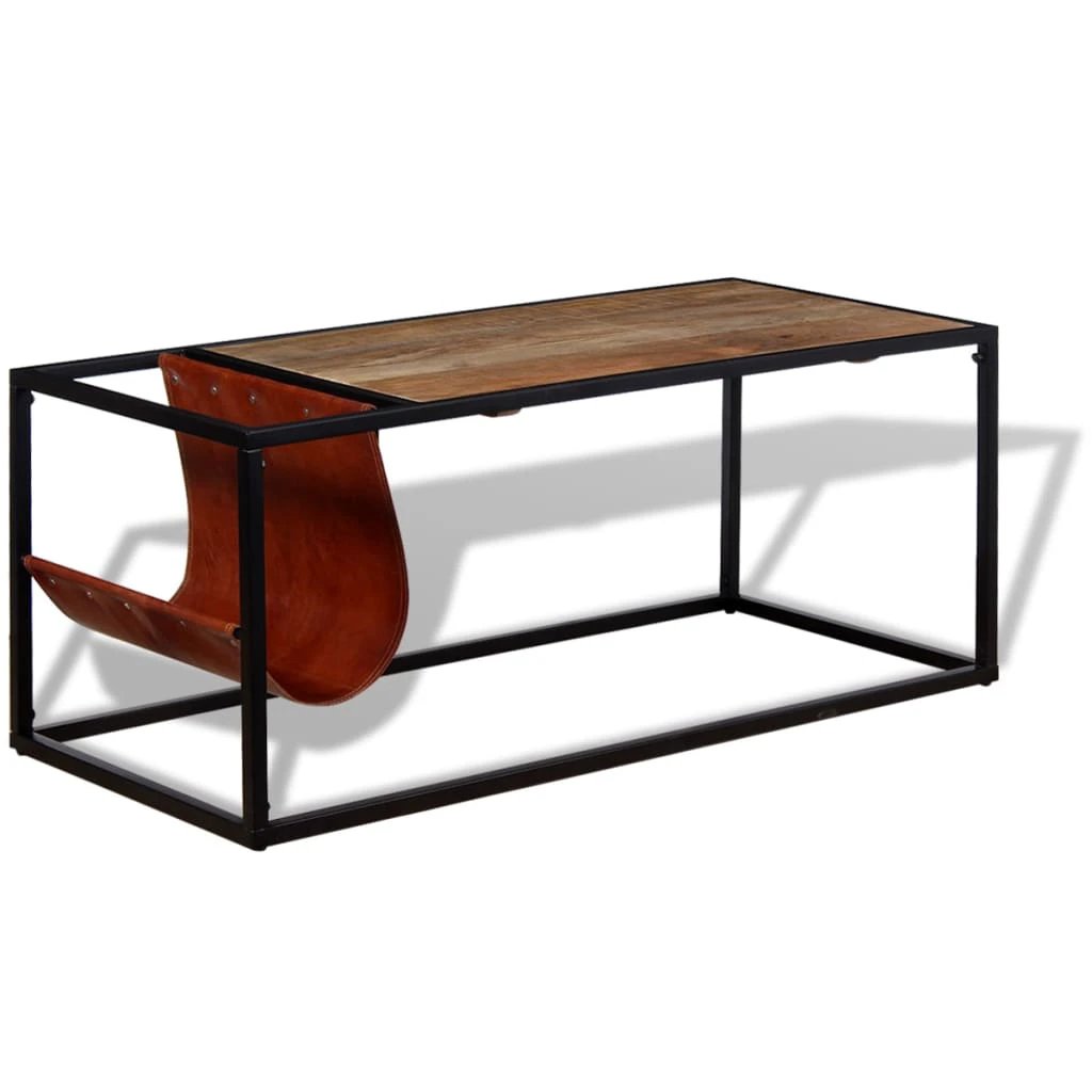 vidaXL VidaXL Coffee Table 110x50x45 cm With Genuine Leather Magazine Holder Industrial Living Room Decor - Coffee Table