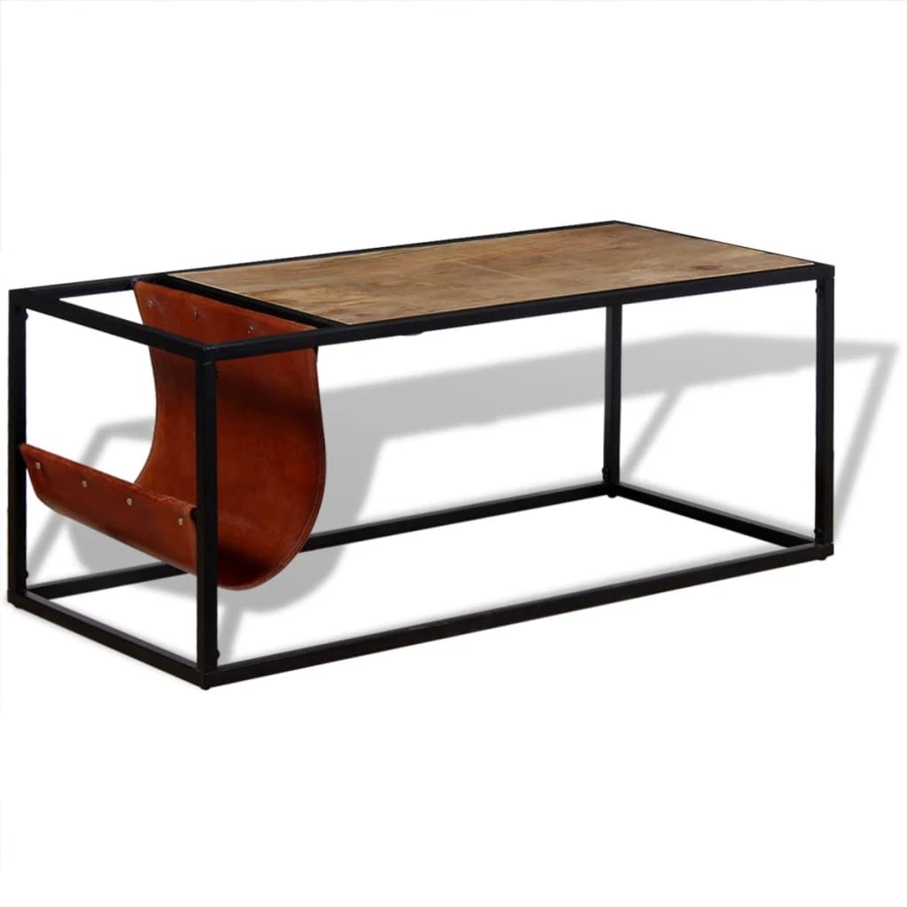 vidaXL VidaXL Coffee Table 110x50x45 cm With Genuine Leather Magazine Holder Industrial Living Room Decor - Coffee Table