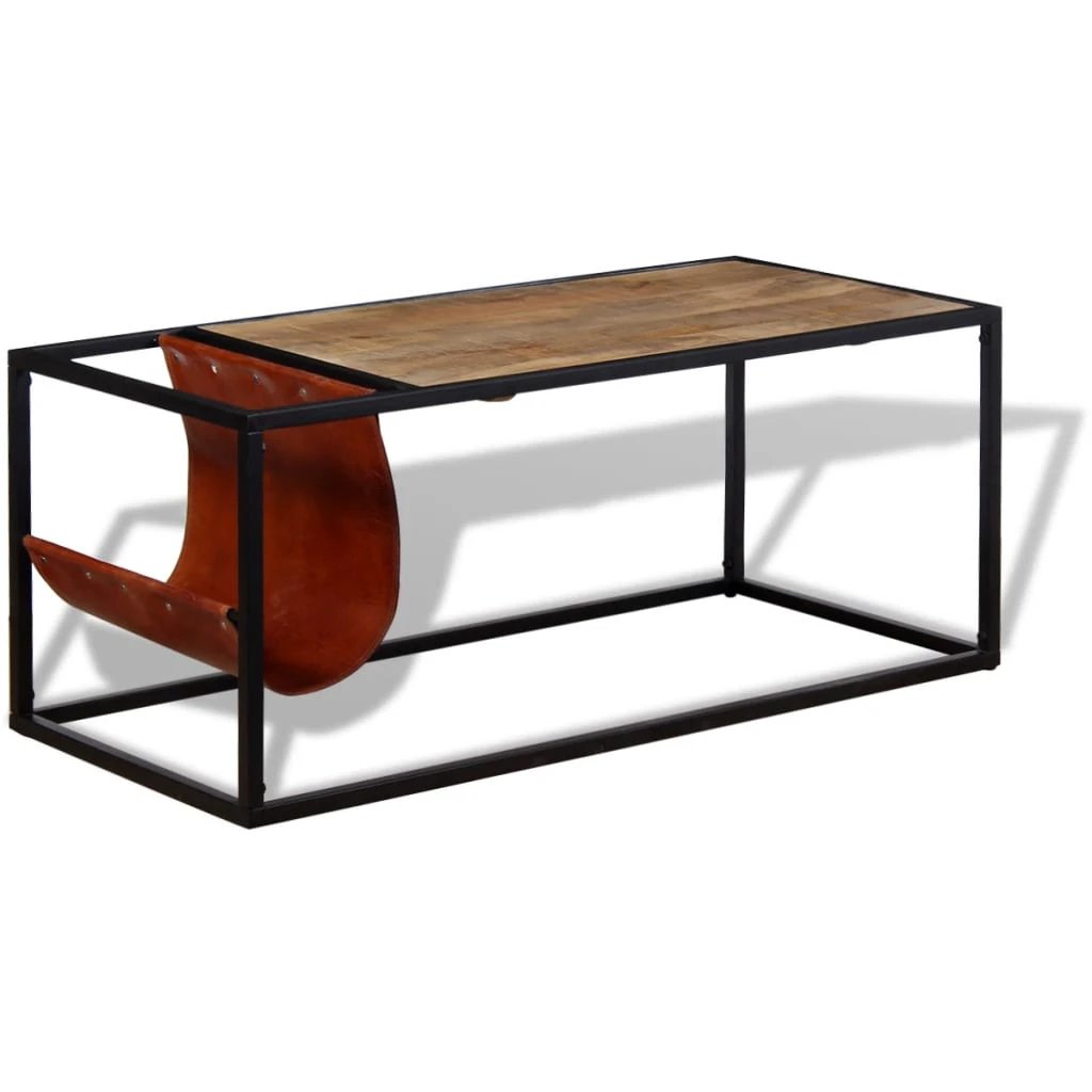 VidaXL Coffee Table 110x50x45 cm With Genuine Leather Magazine Holder Industrial Living Room Decor by vidaXL