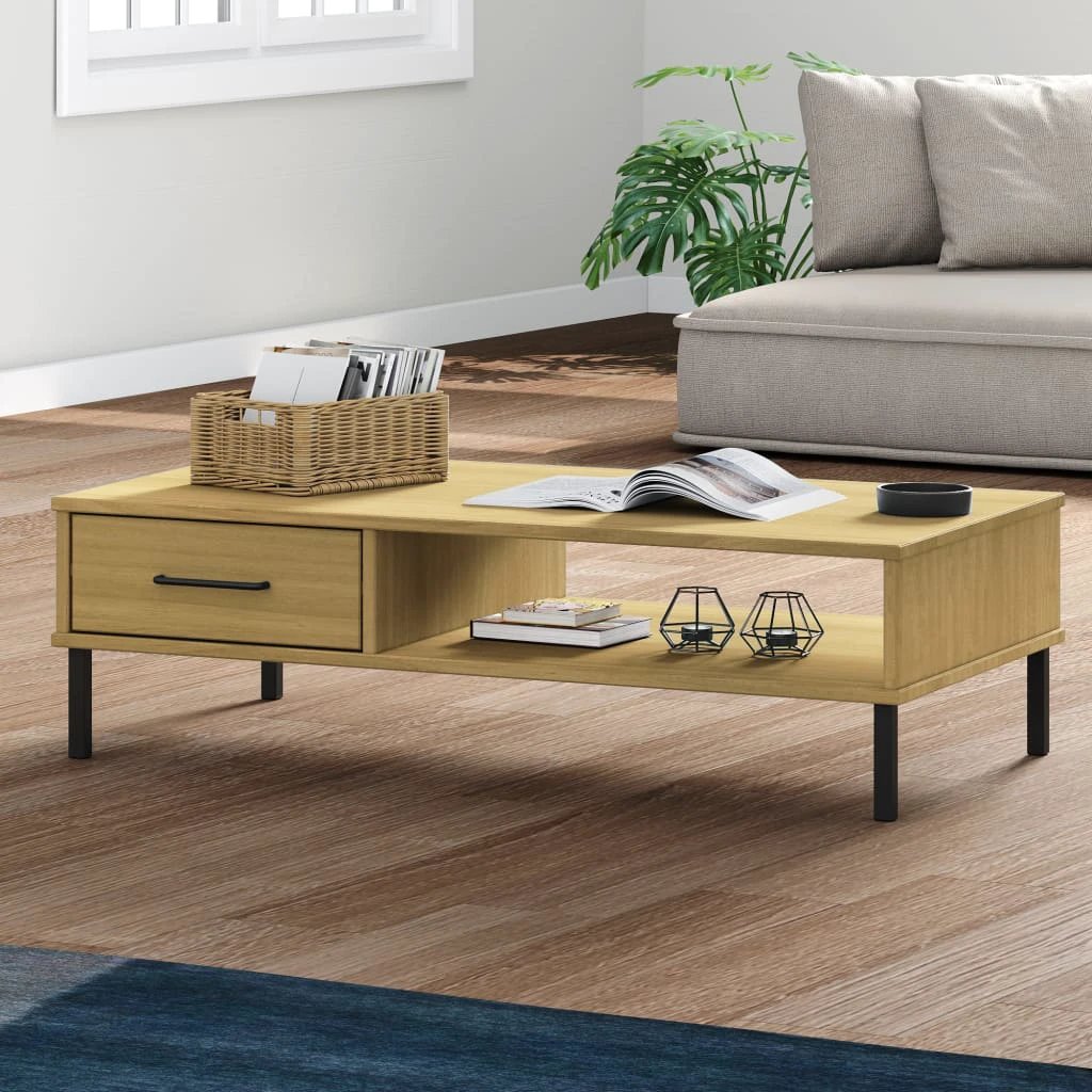 VidaXL Coffee Table Medium Premium Pine Wood Top With Black Metal Legs OSLO Living Room Decor by vidaXL