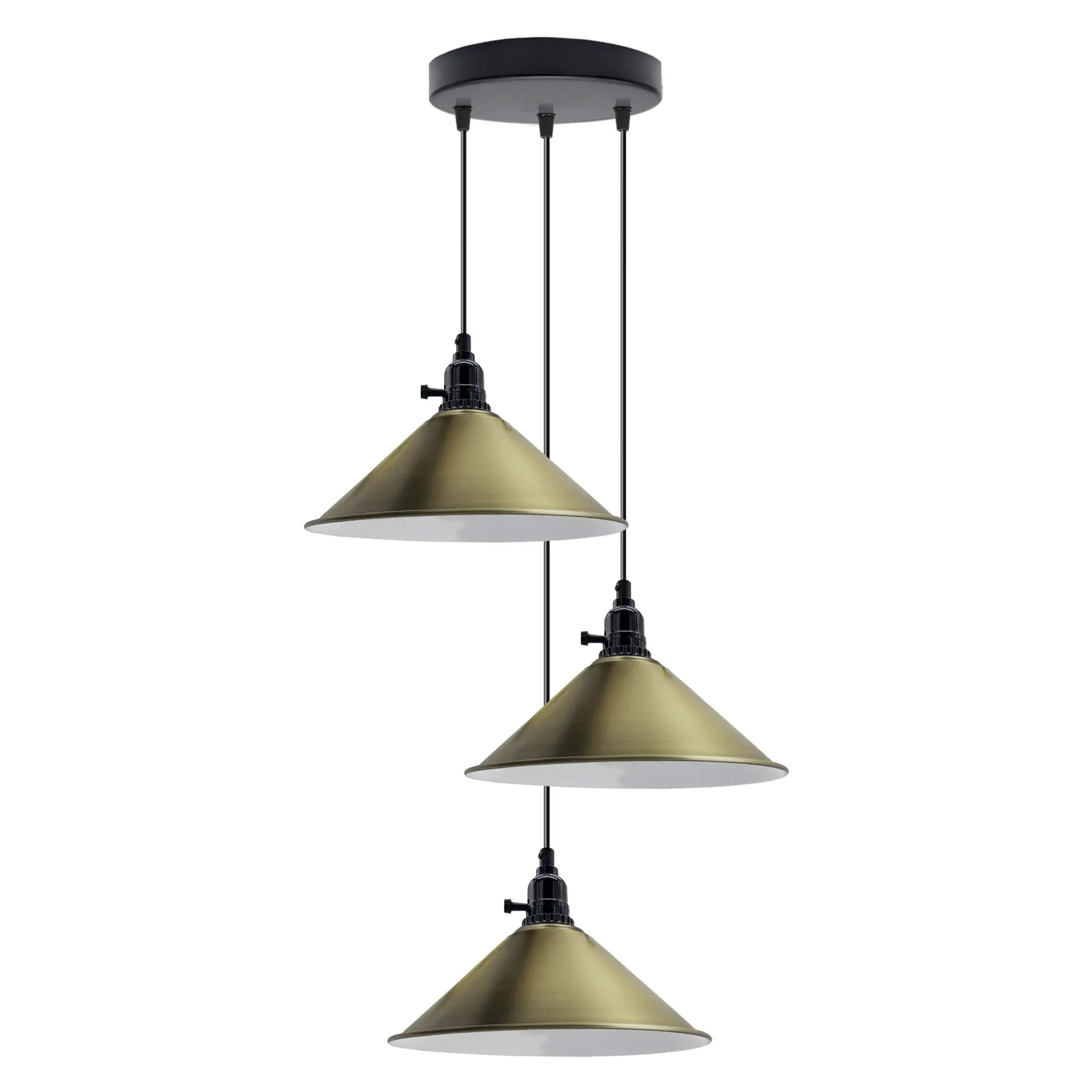 LEDSONE Industrial 3 Head Cluster Ceiling Pendant Adjustable Cord - E27 Base,Metal Light Fitting, Cone Shaped Light Shade - Pendant Lights