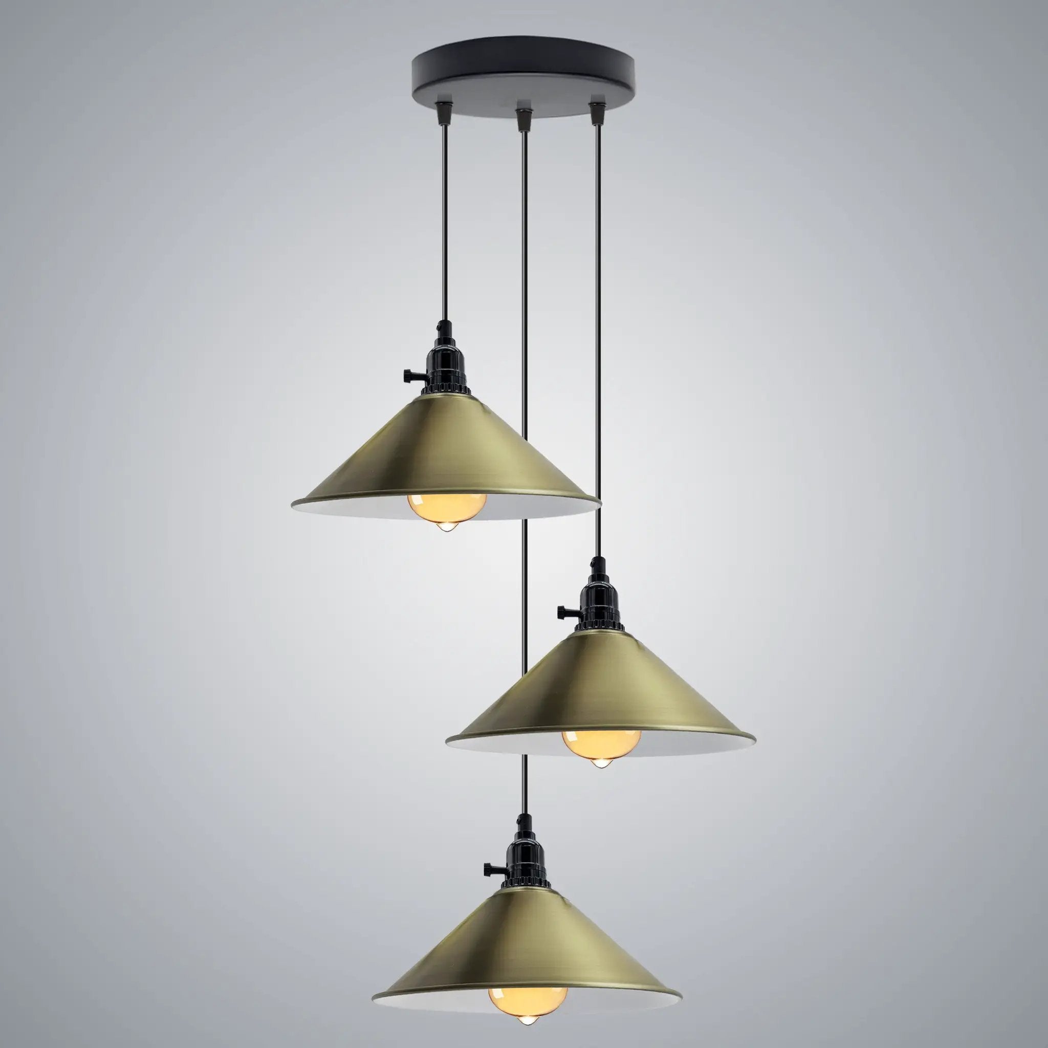 LEDSONE Industrial 3 Head Cluster Ceiling Pendant Adjustable Cord - E27 Base,Metal Light Fitting, Cone Shaped Light Shade - Pendant Lights
