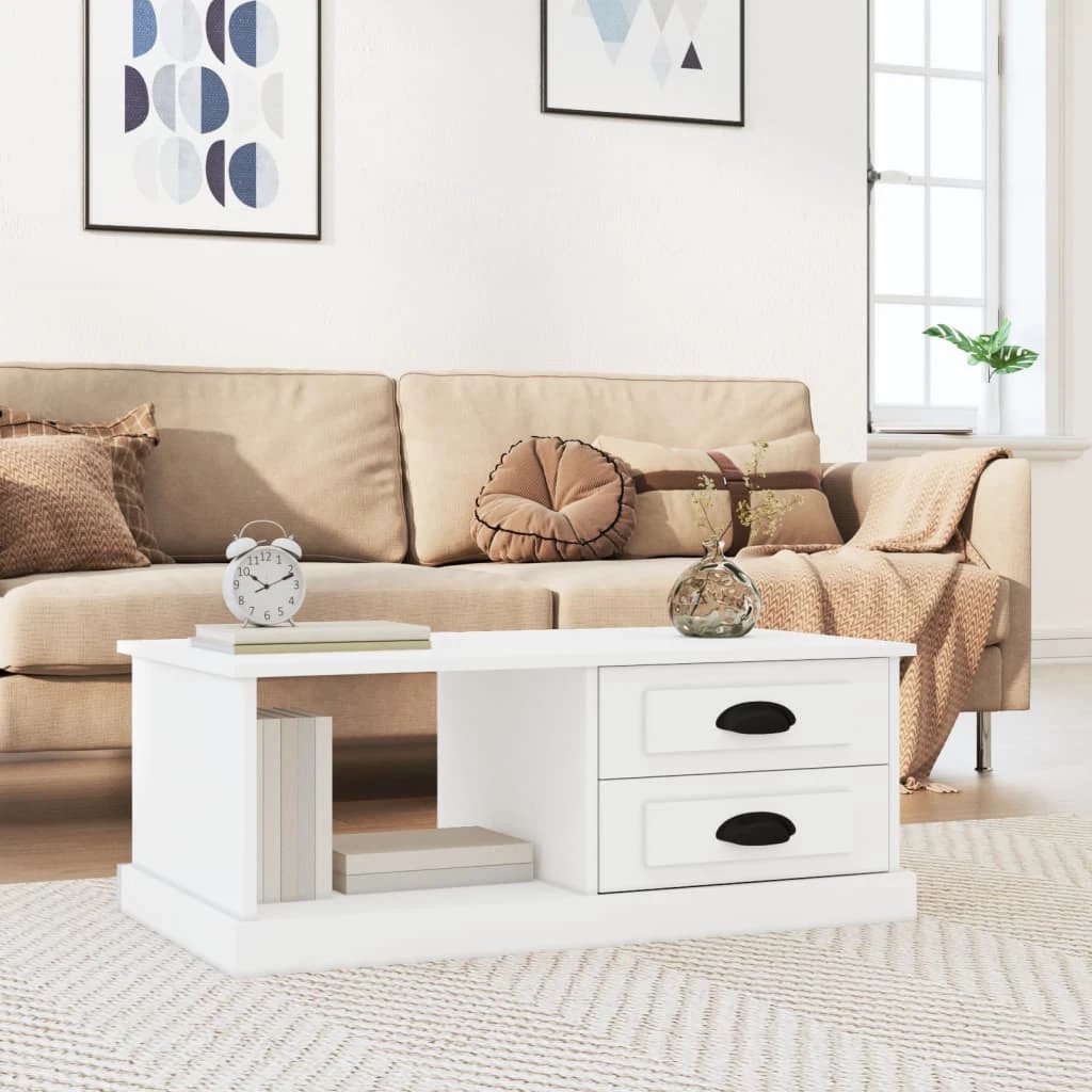 VidaXL White Coffee Table 90x50x35 cm Engineered Wood With Two Drawers And Open Shelf by vidaXL