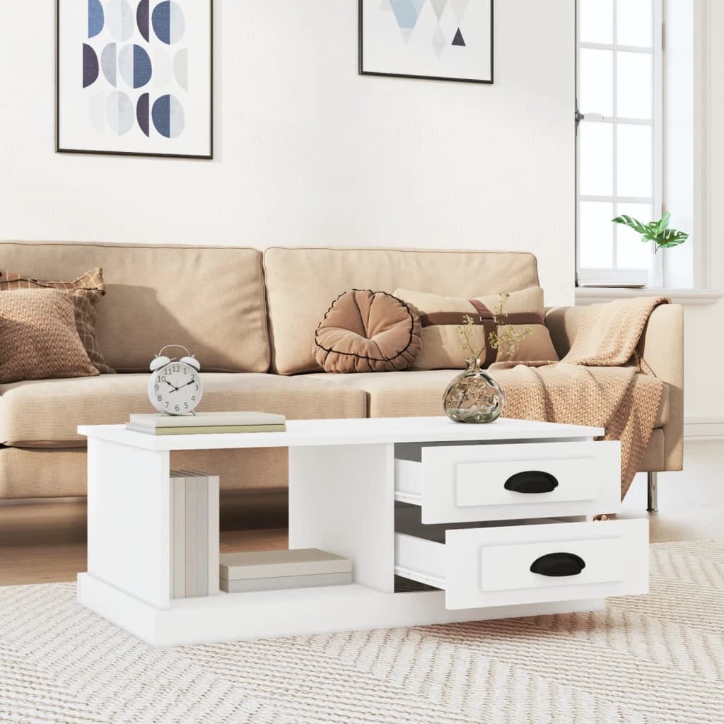 VidaXL White Coffee Table 90x50x35 cm Engineered Wood With Two Drawers And Open Shelf by vidaXL