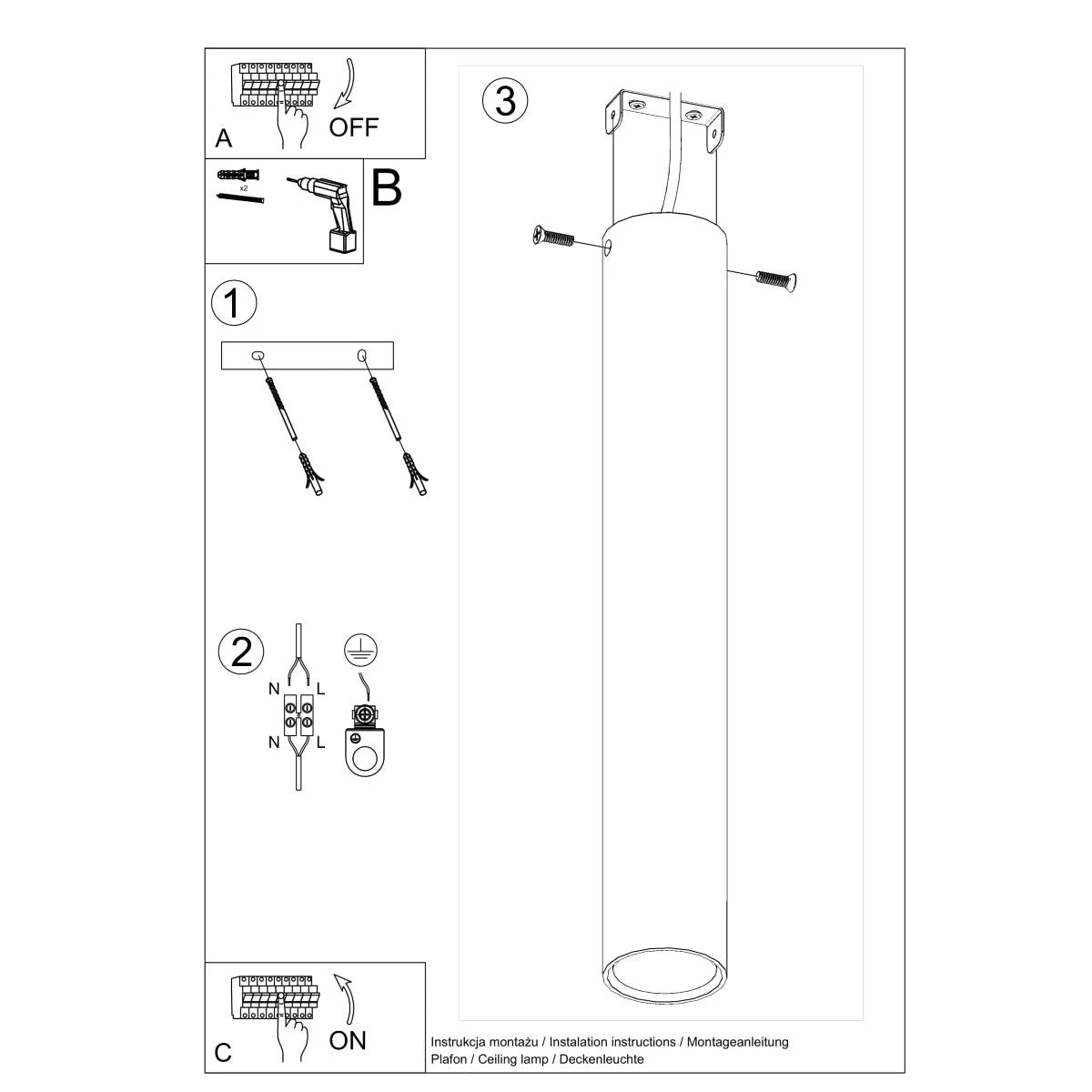 Lagos Ceiling Lamp Steel 6x6x40cm Modern GU10 by Sollux Lighting
