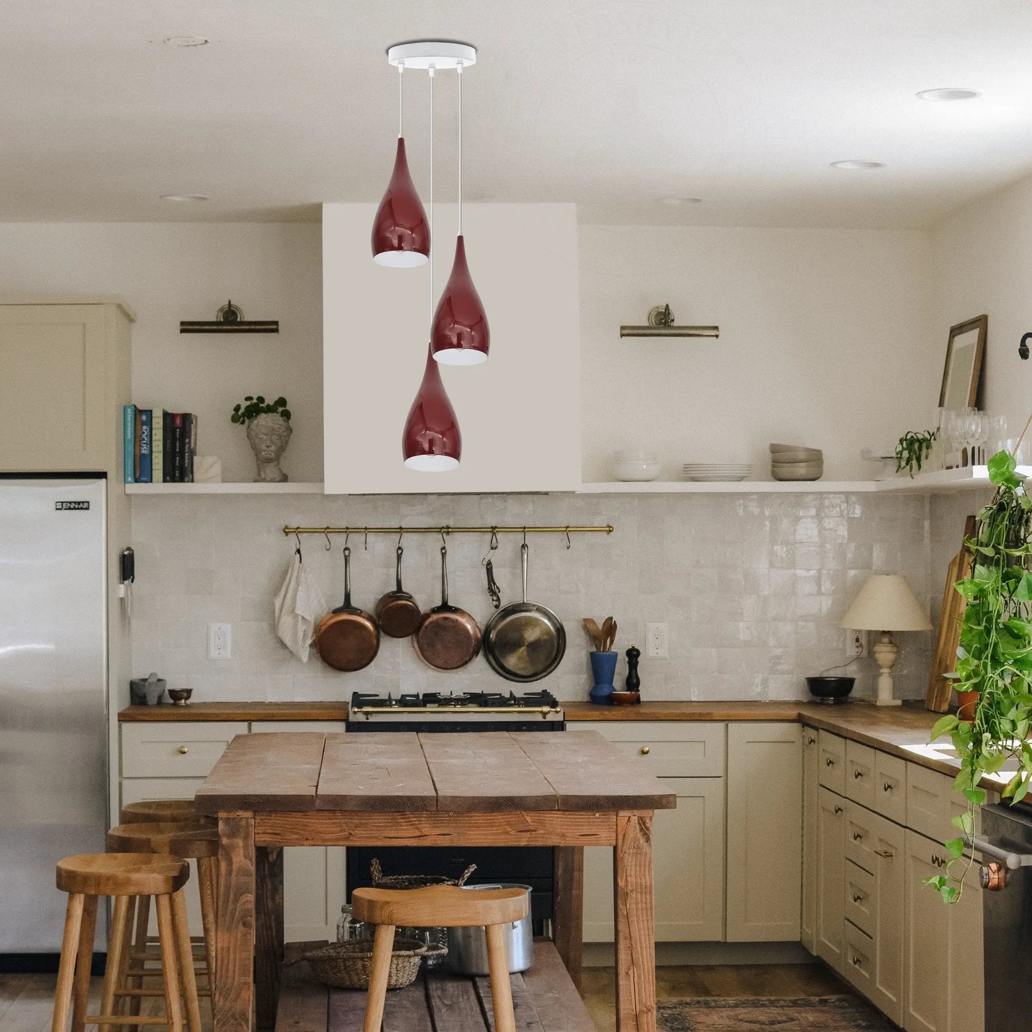LEDSONE 4 Head Modern Industrial Metal E27 Burgundy Teardrop Pendant Light Hanging Light Fixture - Pendant Lights