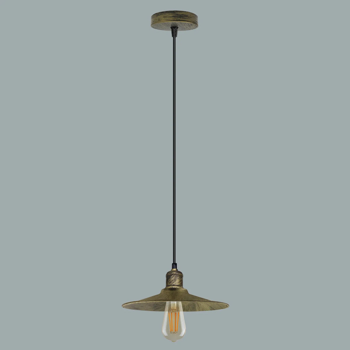 LEDSONE Vintage Industrial Brushed Brass Ceiling Pendant Light Adjustable Cord E27 Base Hand Brushed Finished Flat Cone Shaped - Pendant Lights