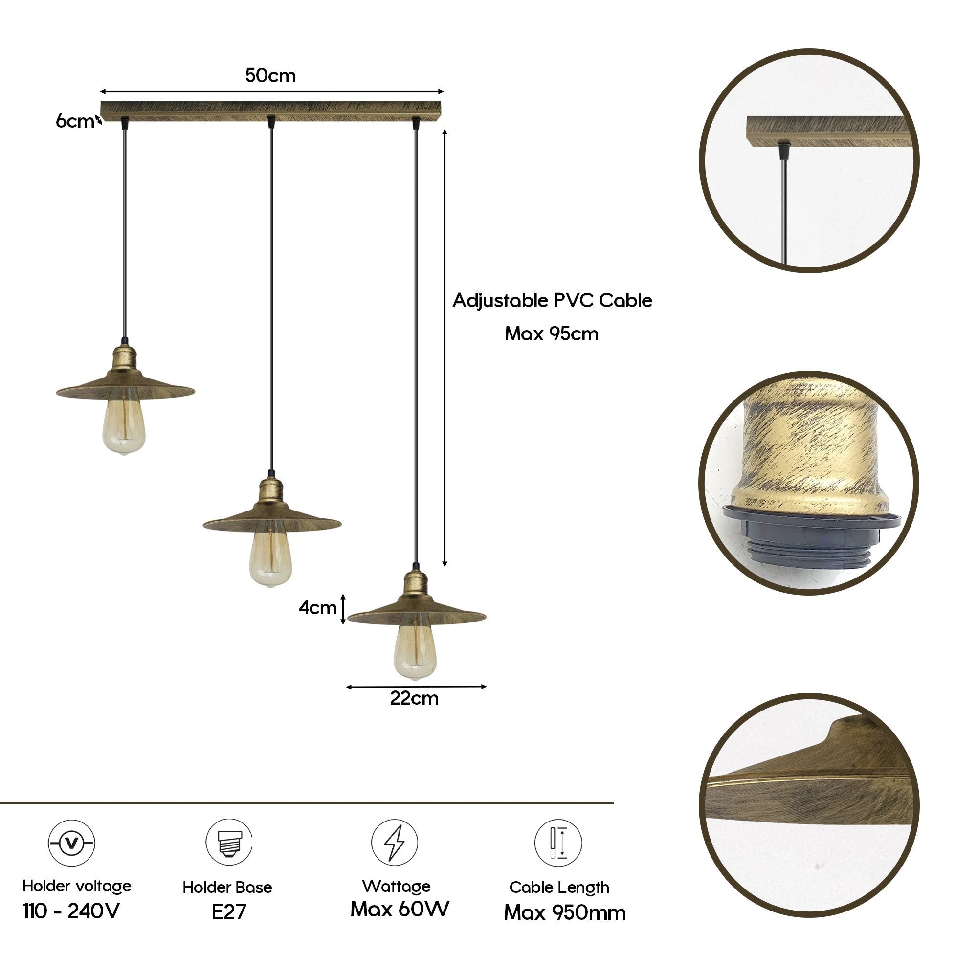 LEDSONE Brushed Brass 3 Head Pendant 22cm Easy Fit Home - Ceiling Lights