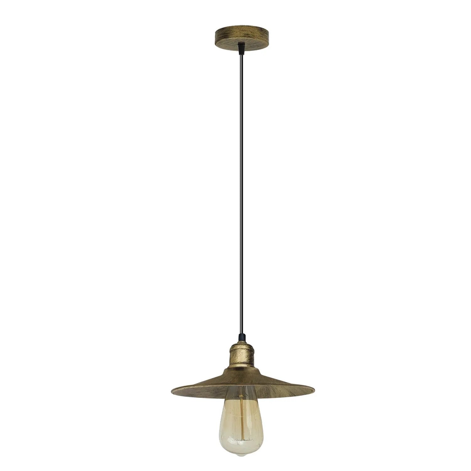 LEDSONE Vintage Industrial Brushed Brass Ceiling Pendant Light Adjustable Cord E27 Base Hand Brushed Finished Flat Cone Shaped - Pendant Lights