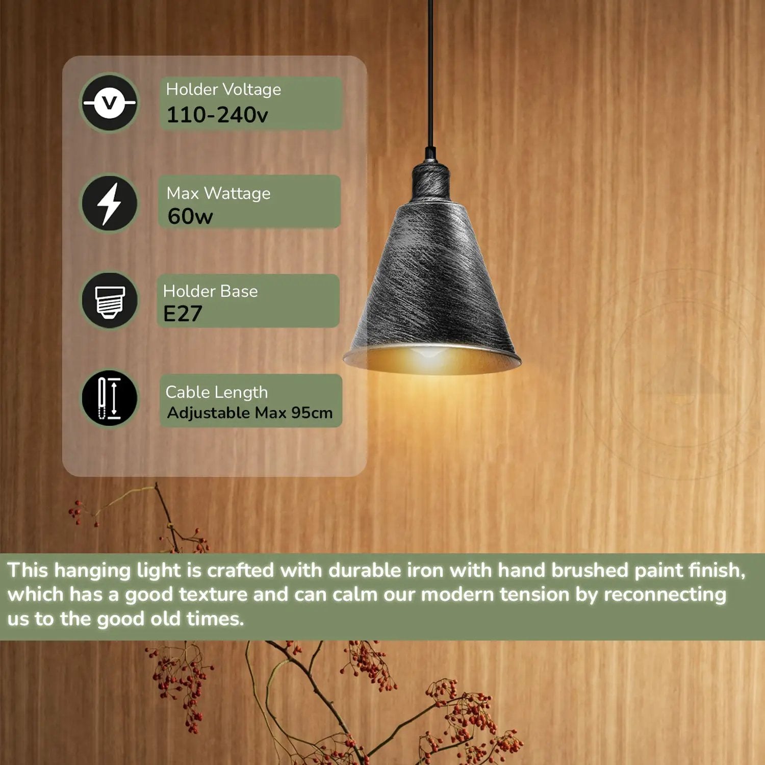 LEDSONE Modern Hanging Cone Shaped Pendant Light Fixture With Brushed Silver Colour Lampshade - Pendant Lights