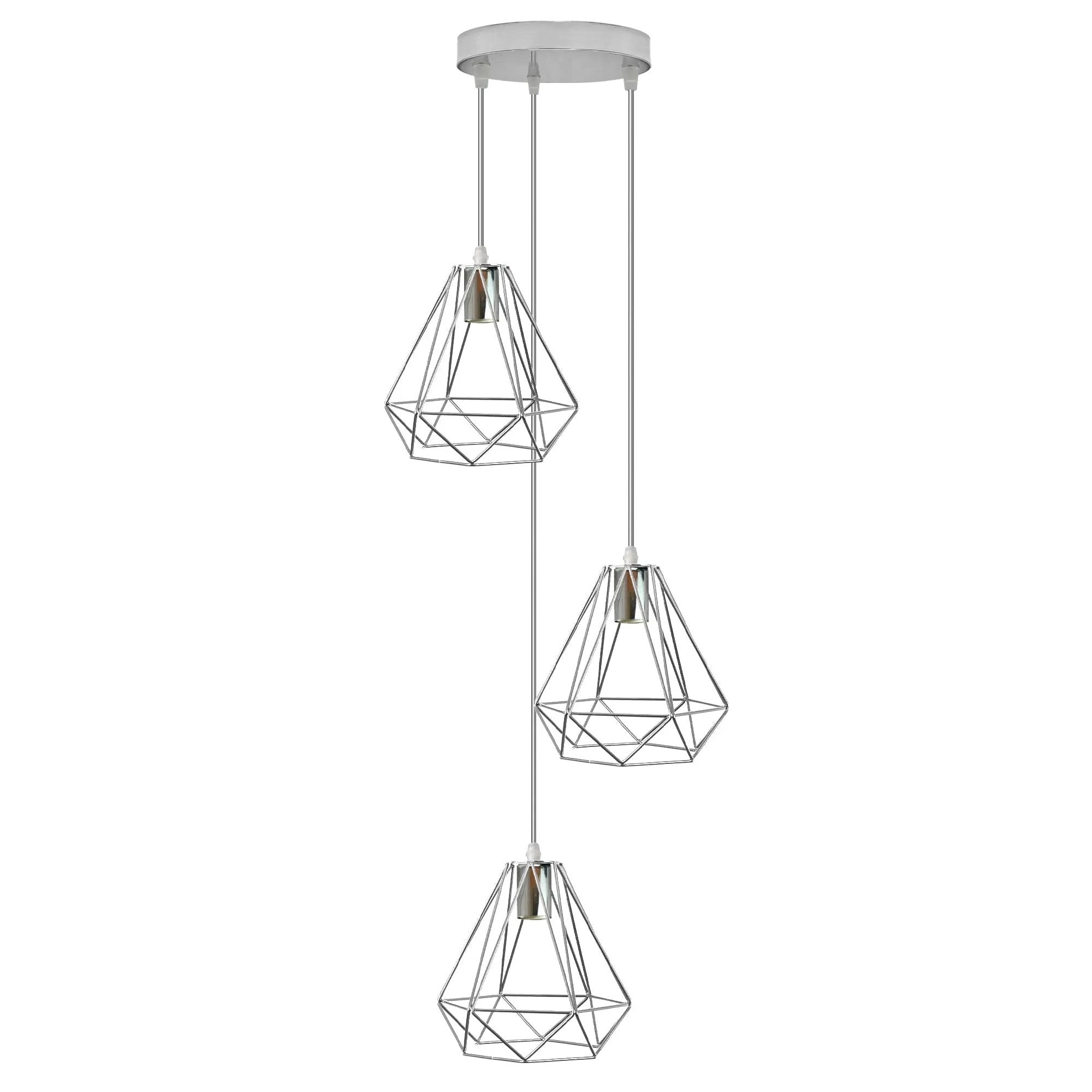 LEDSONE 3 Head Round Base Chrome Vintage Metal 20cm Diamond Wire Cage E27 Base Ceiling Pendant Light Fitting - Pendant Lights